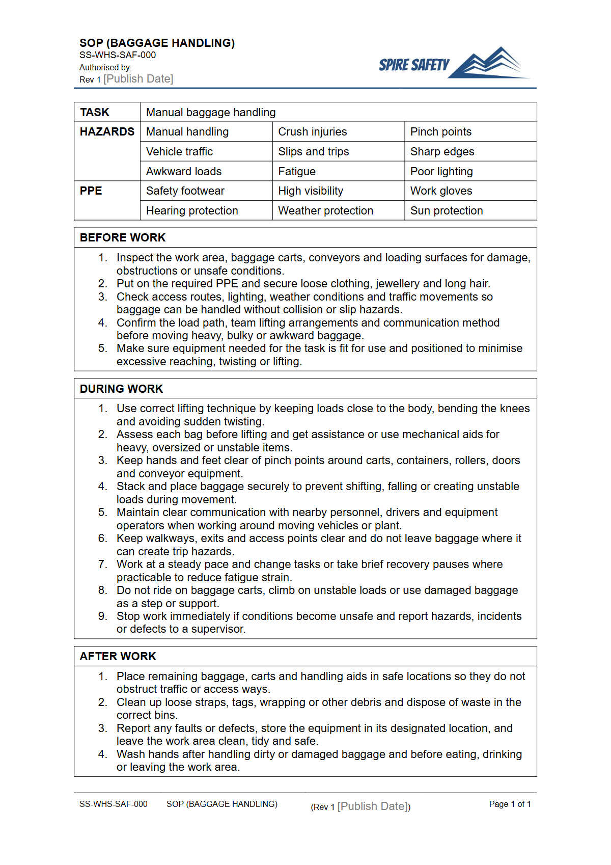 Free Safe Operating Procedure (Baggage Handling) Template — document preview