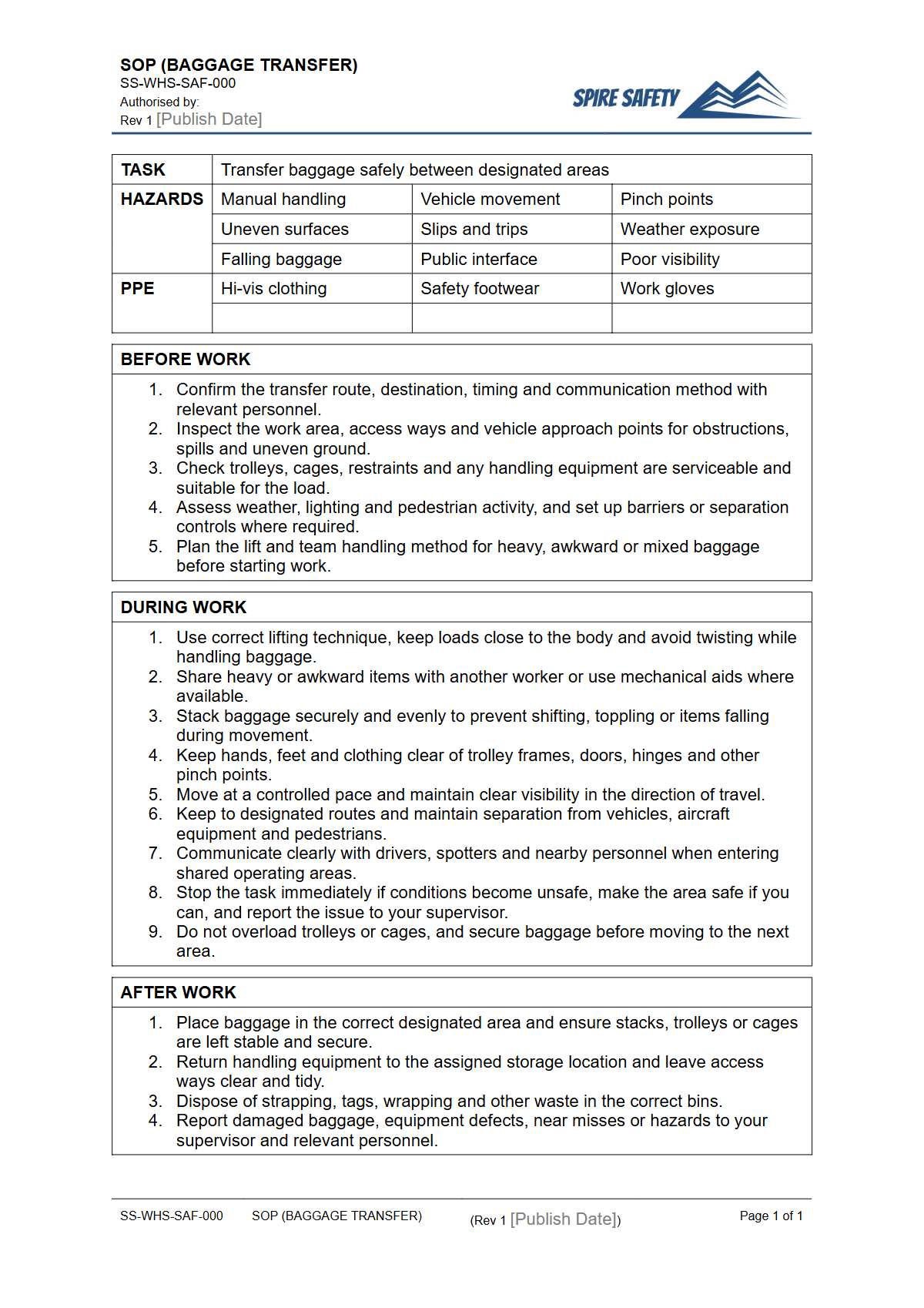 Free Safe Operating Procedure (Baggage Transfer) Template — document preview