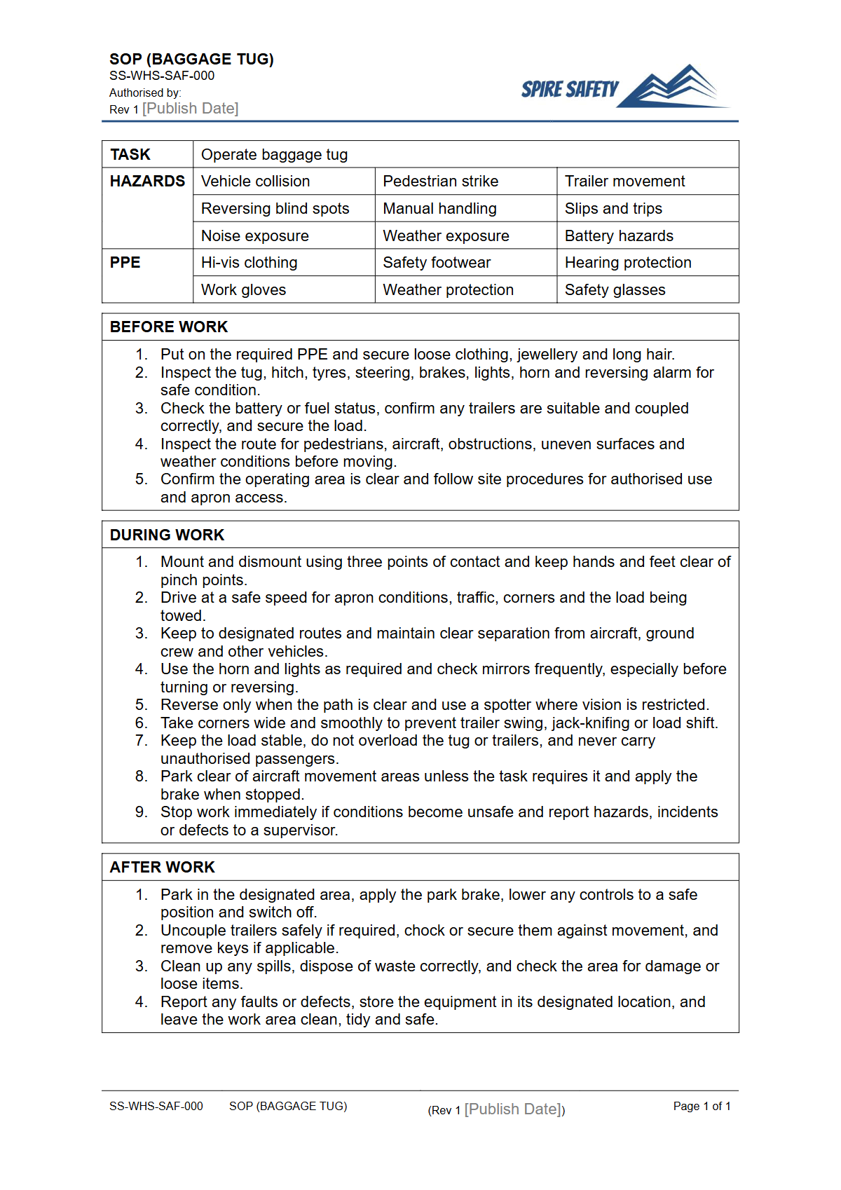 Free Safe Operating Procedure (Baggage Tug) Template — document preview