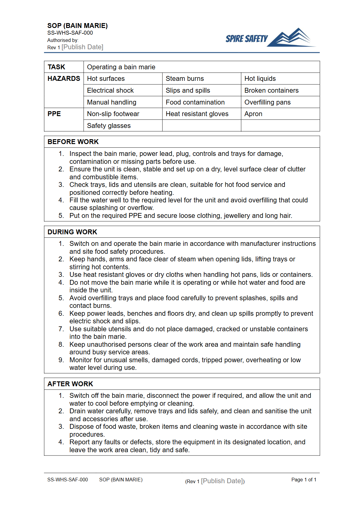 Free Safe Operating Procedure (Bain Marie) Template — document preview