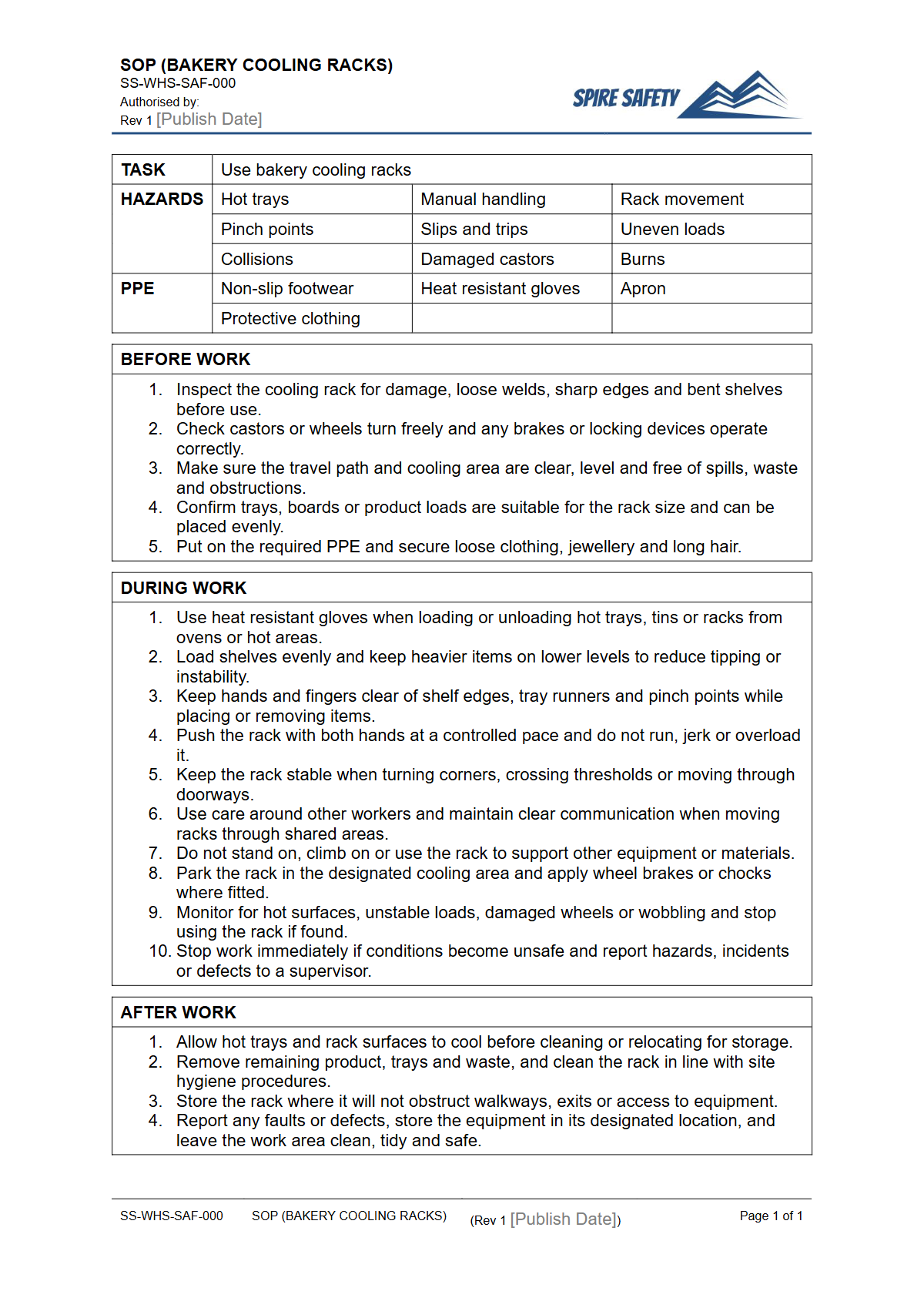 Free Safe Operating Procedure (Bakery Cooling Racks) Template — document preview