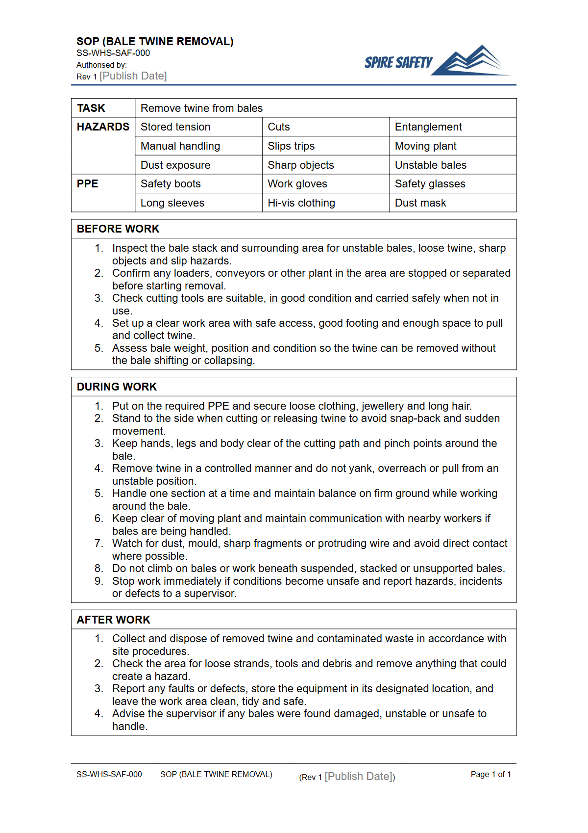 Free Safe Operating Procedure (Bale Twine Removal) Template — document preview