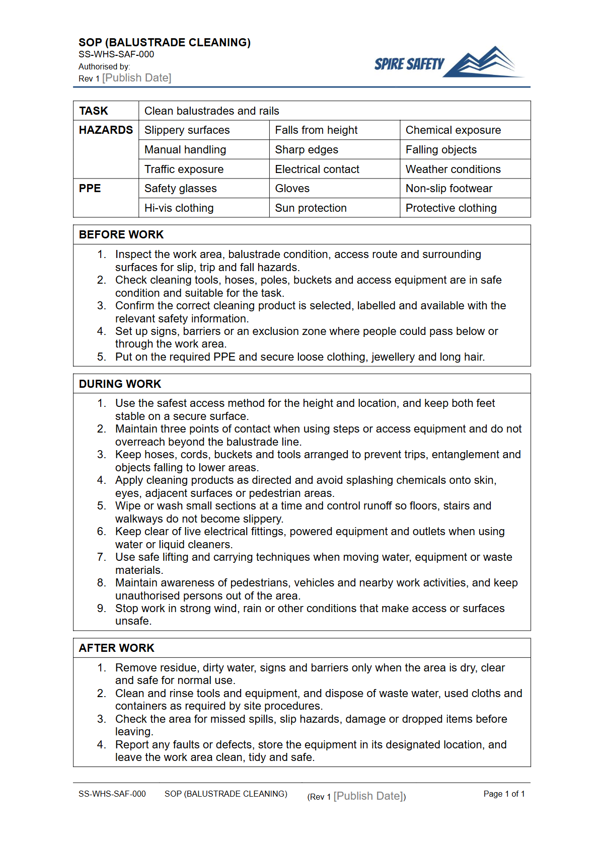 Free Safe Operating Procedure (Balustrade Cleaning) Template — document preview