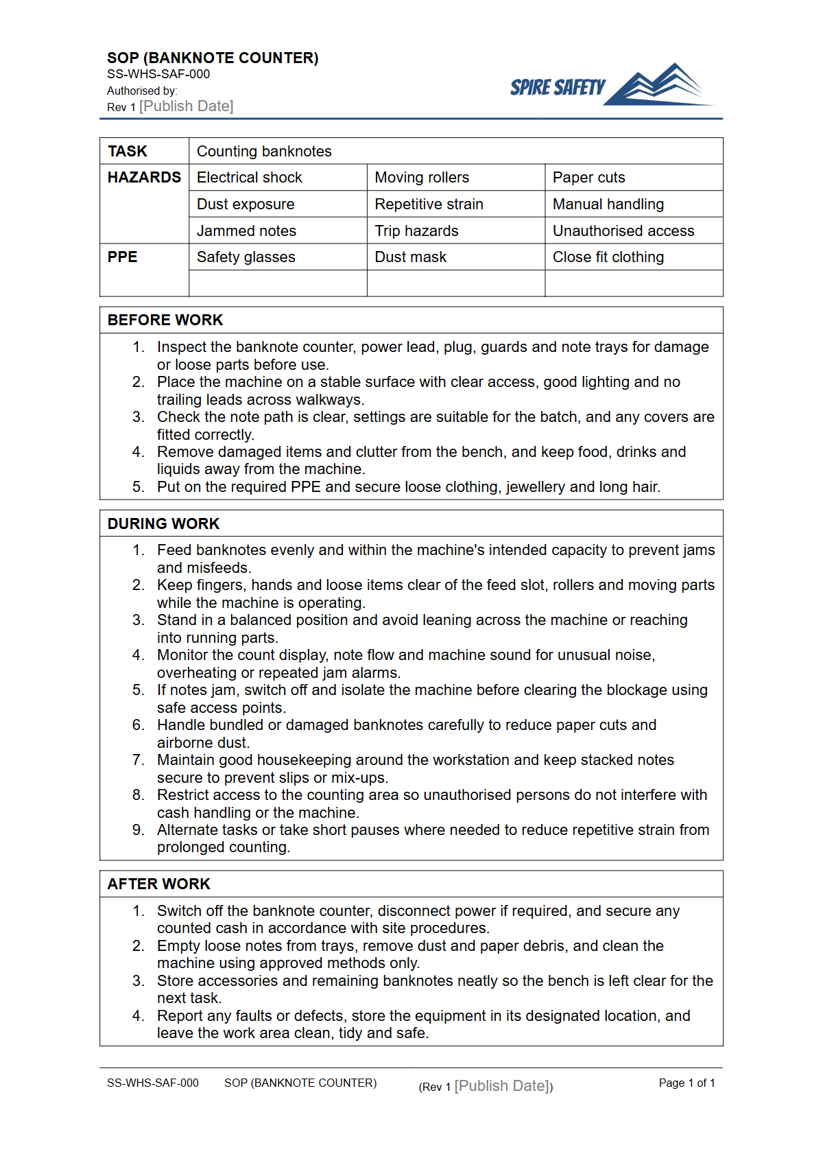 Free Safe Operating Procedure (Banknote Counter) Template — document preview