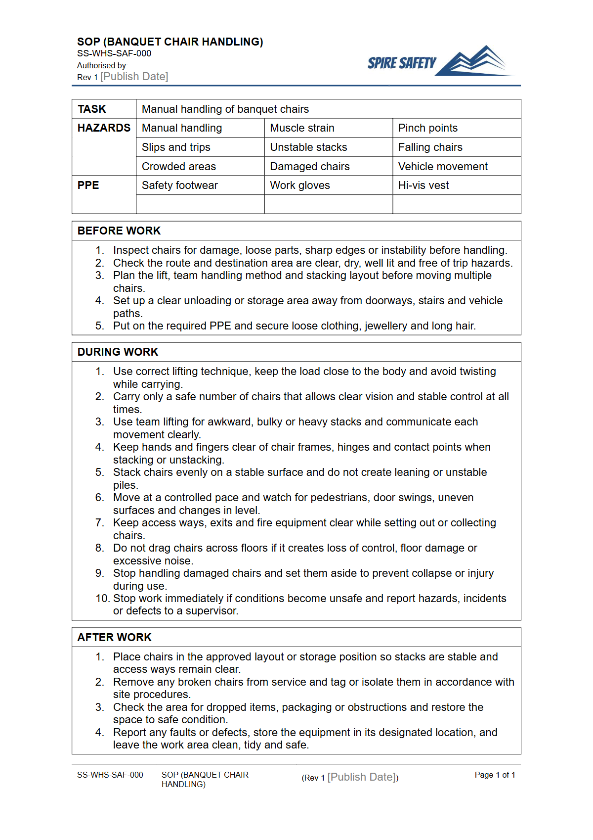 Free Safe Operating Procedure (Banquet Chair Handling) Template — document preview