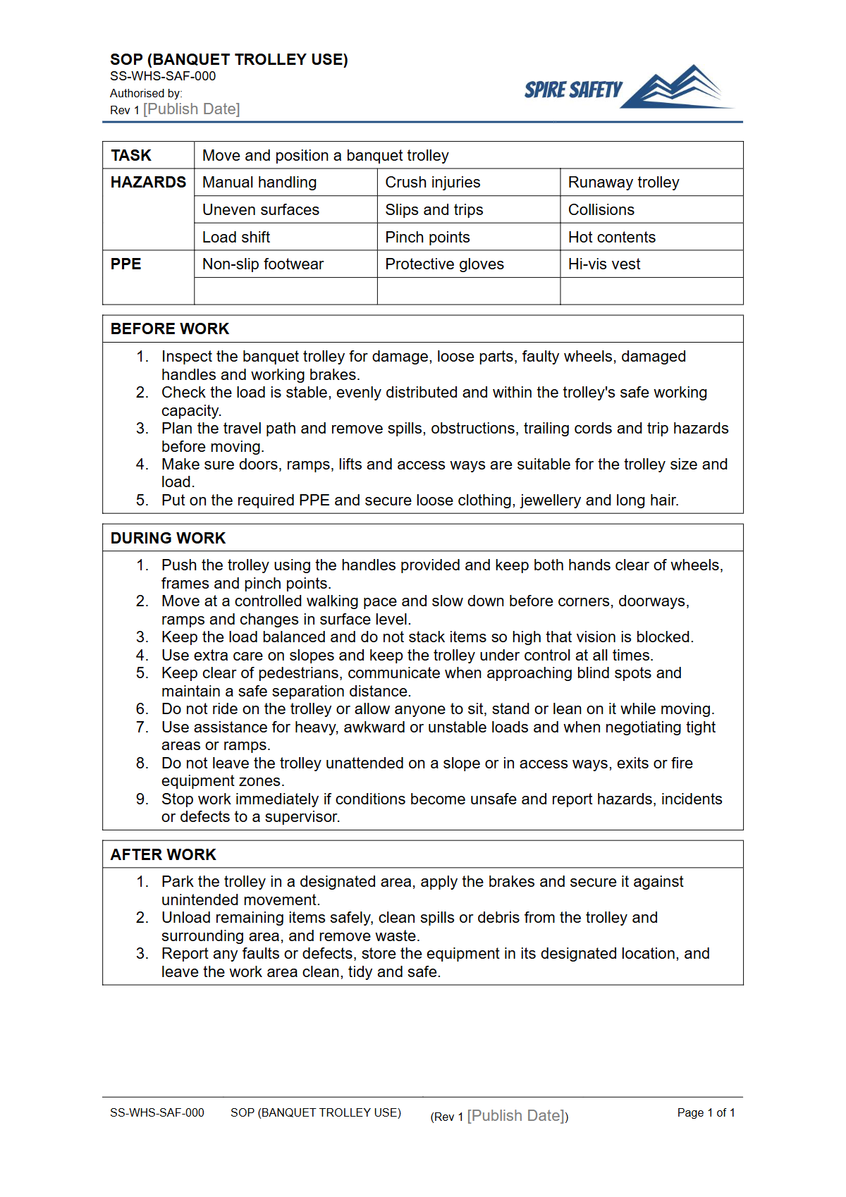 Free Safe Operating Procedure (Banquet Trolley Use) Template — document preview