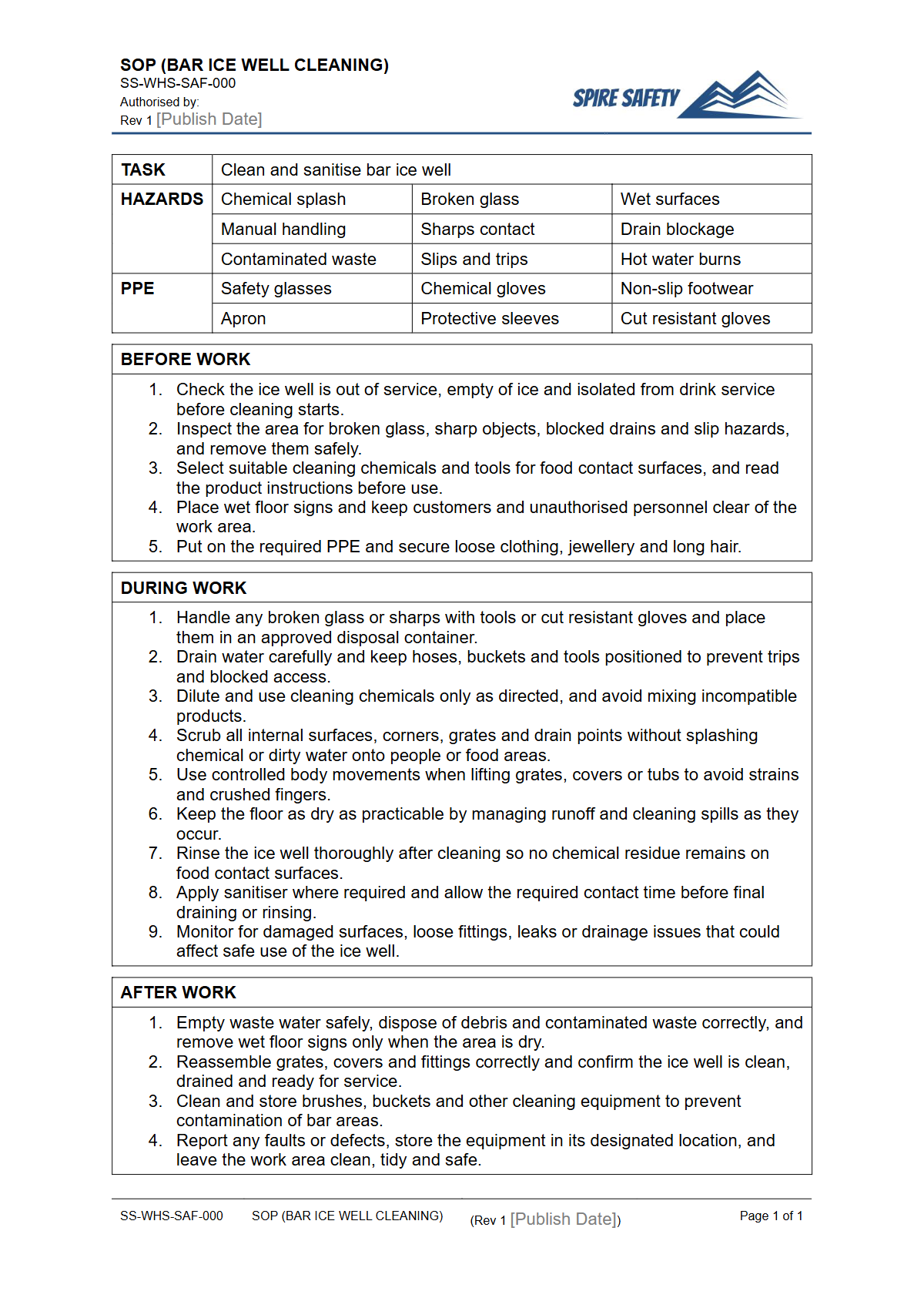 Free Safe Operating Procedure (Bar Ice Well Cleaning) Template — document preview