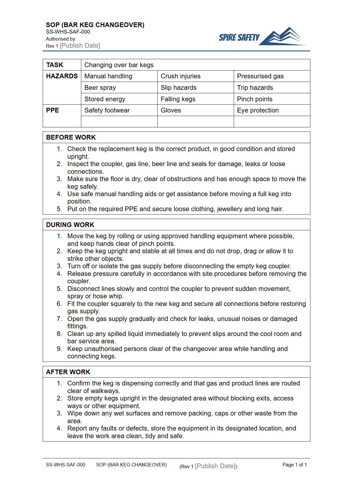 Free Safe Operating Procedure (Bar Keg Changeover) Template — document preview