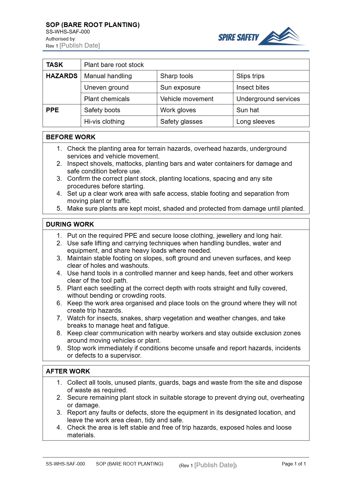Free Safe Operating Procedure (Bare Root Planting) Template — document preview