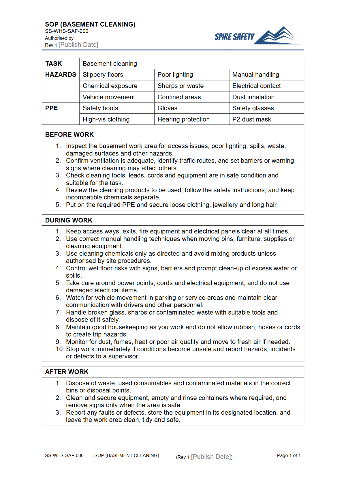 Free Safe Operating Procedure (Basement Cleaning) Template — document preview
