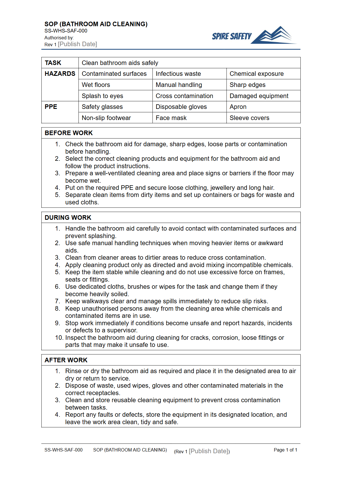 Free Safe Operating Procedure (Bathroom Aid Cleaning) Template — document preview