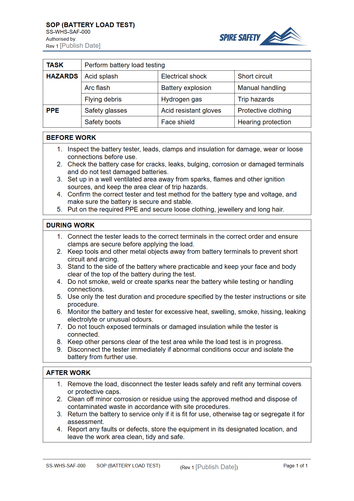 Free Safe Operating Procedure (Battery Load Test) Template — document preview