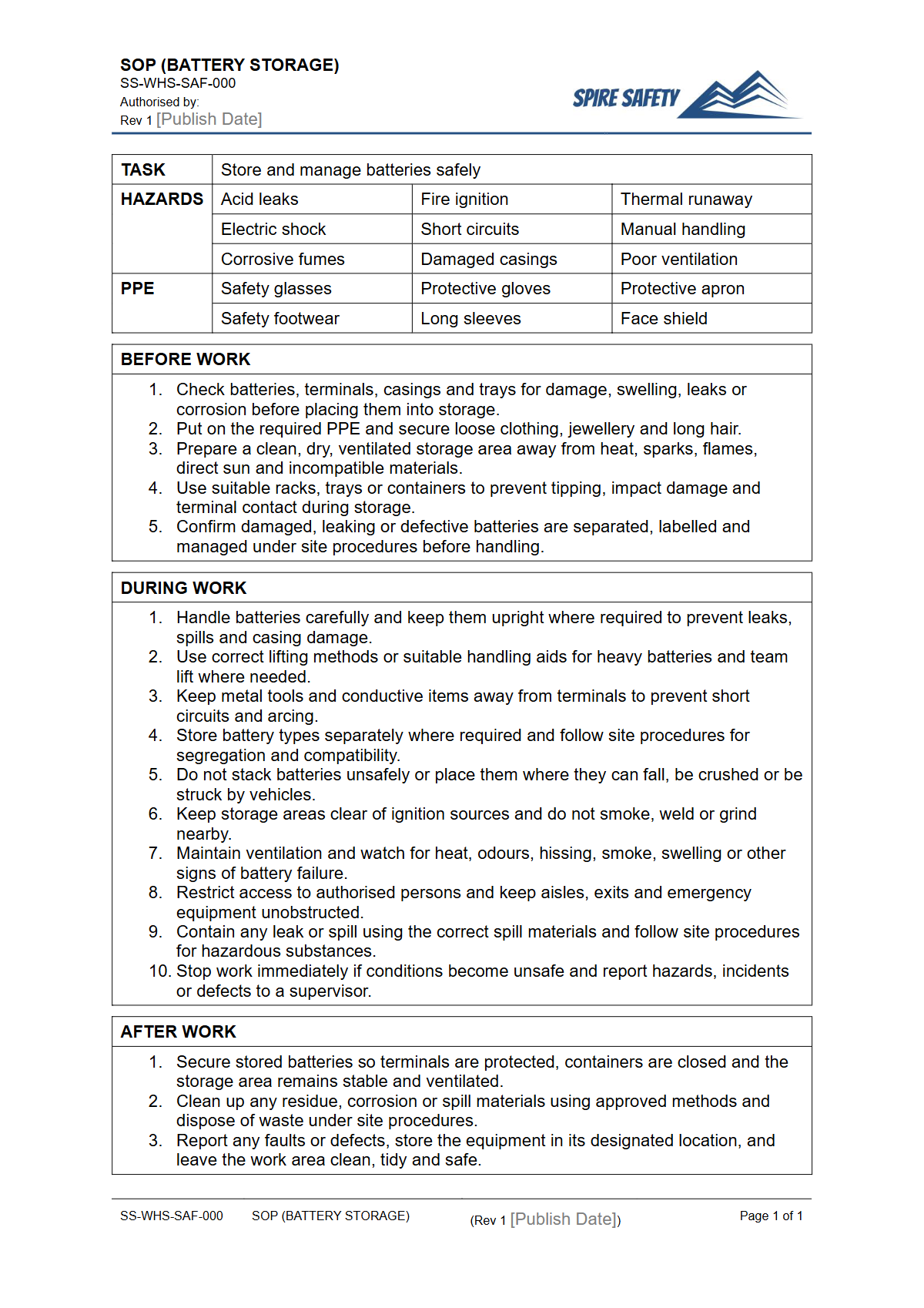 Free Safe Operating Procedure (Battery Storage) Template — document preview