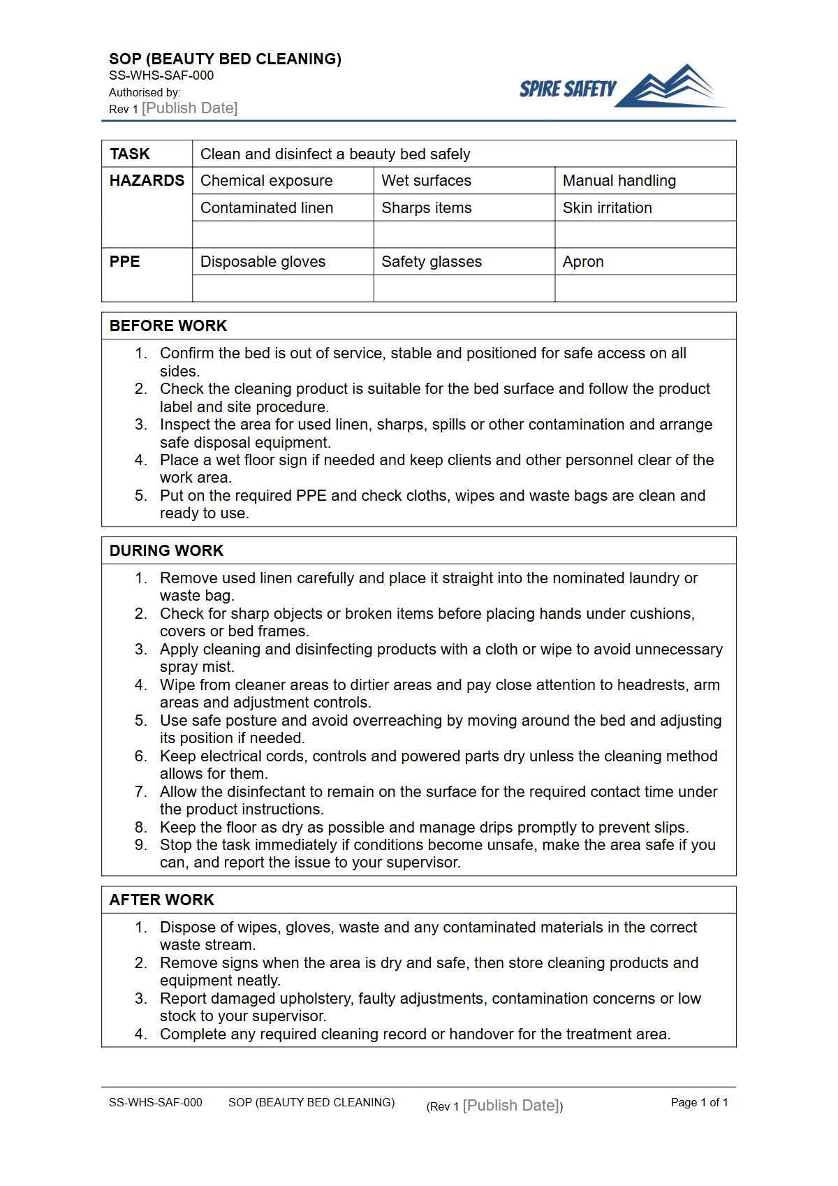 Free Safe Operating Procedure (Beauty Bed Cleaning) Template — document preview