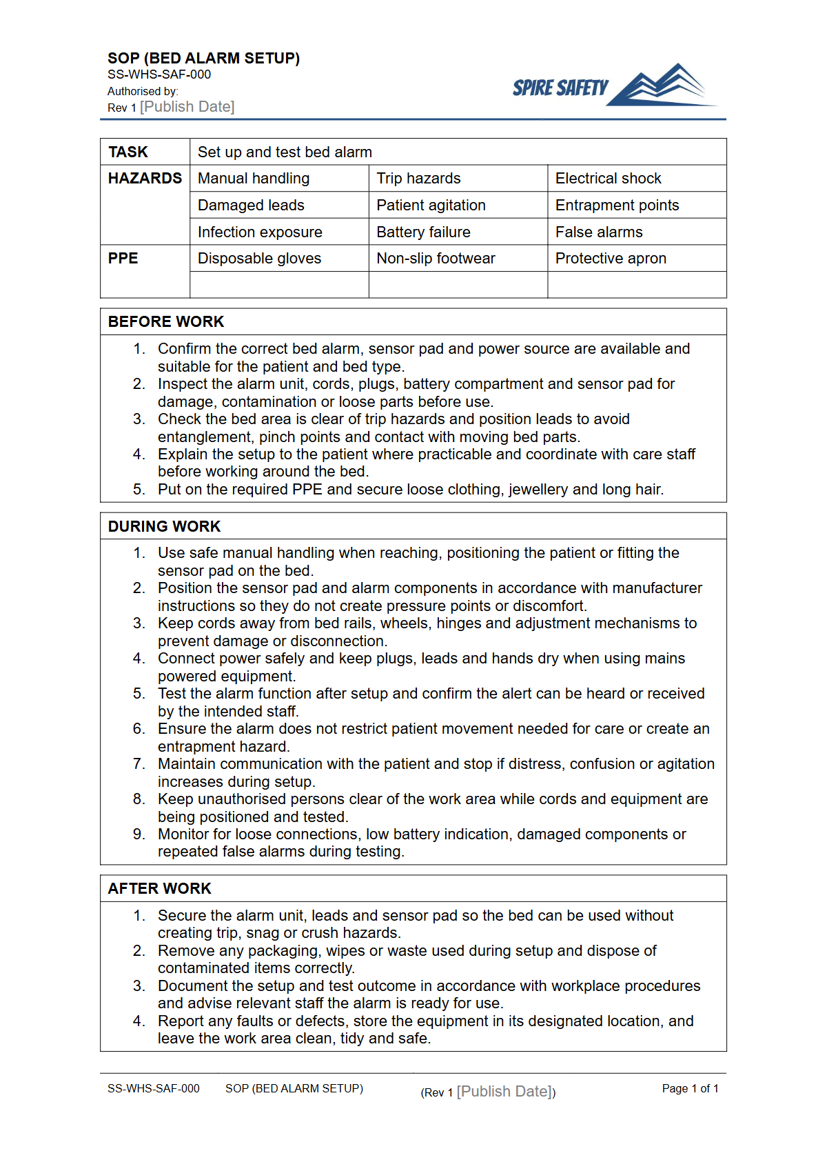 Free Safe Operating Procedure (Bed Alarm Setup) Template — document preview