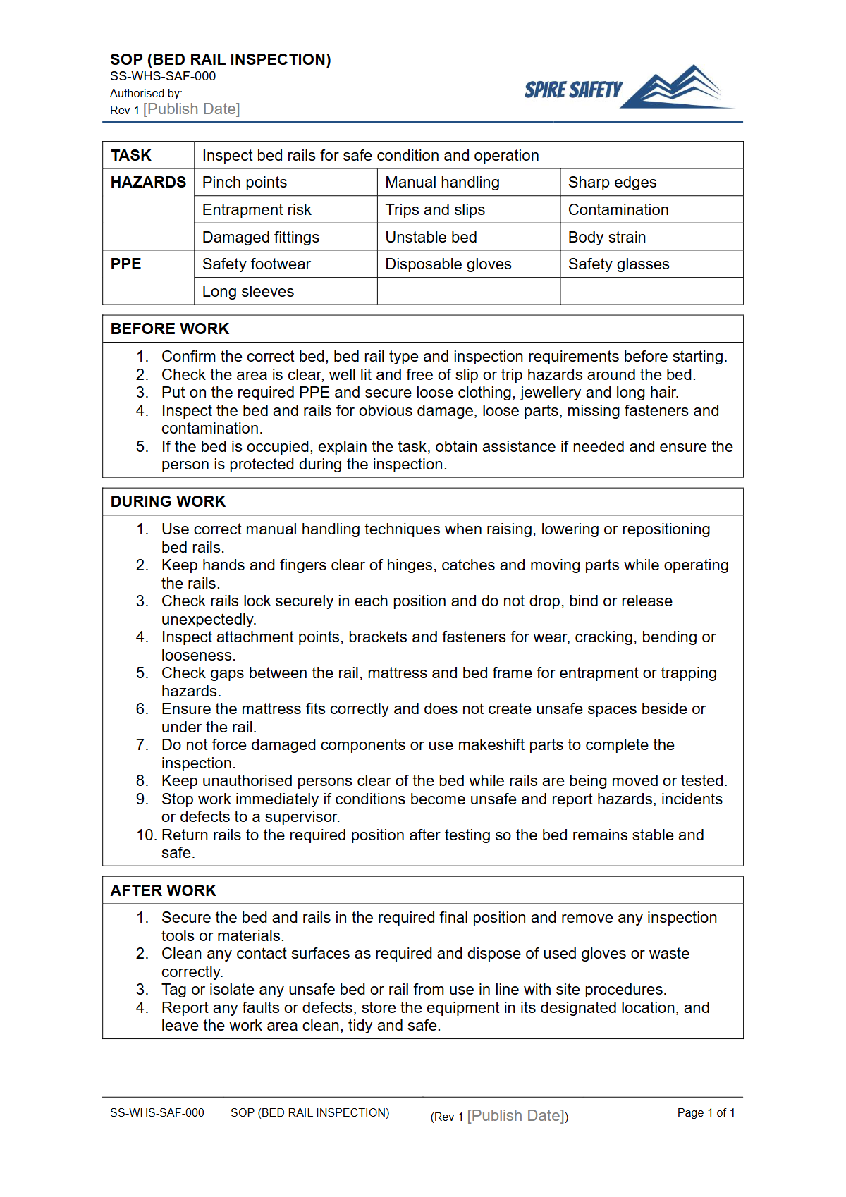 Free Safe Operating Procedure (Bed Rail Inspection) Template — document preview