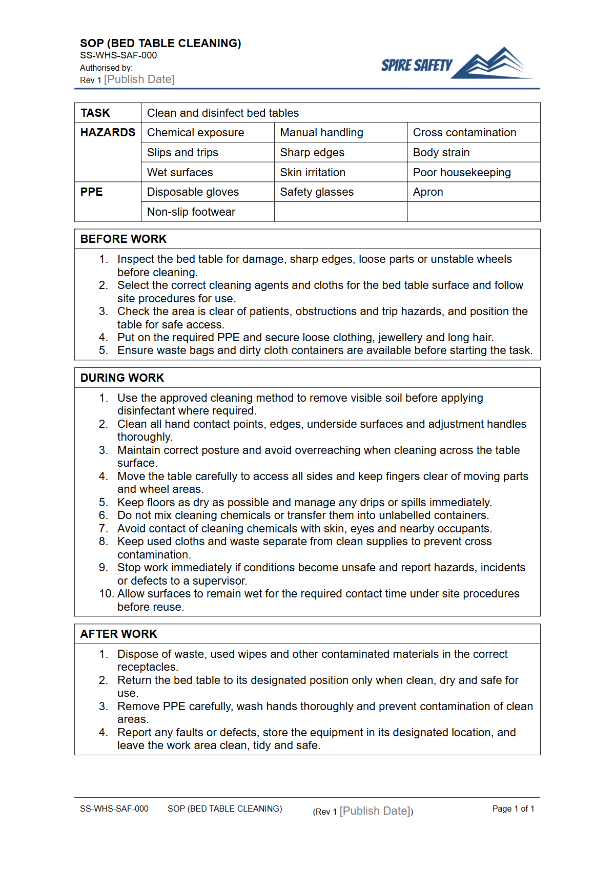Free Safe Operating Procedure (Bed Table Cleaning) Template — document preview