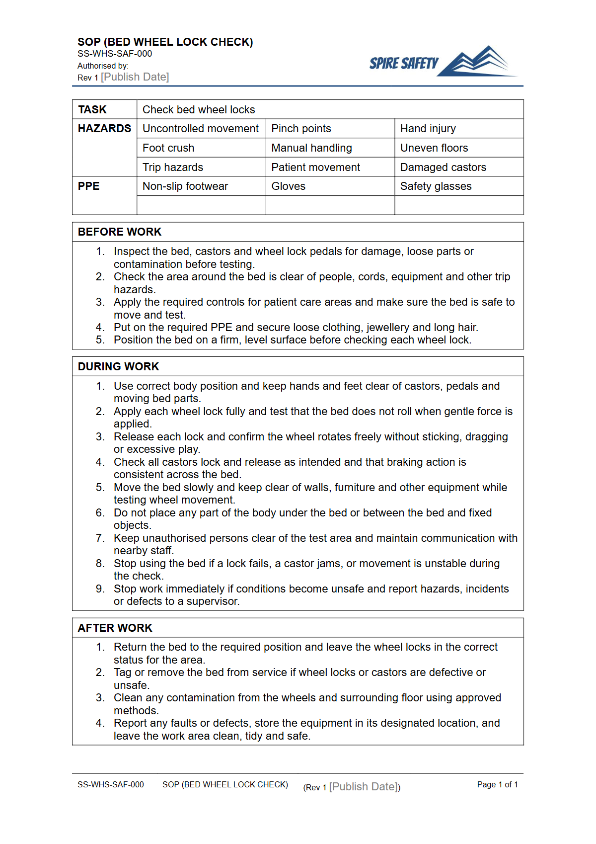 Free Safe Operating Procedure (Bed Wheel Lock Check) Template — document preview