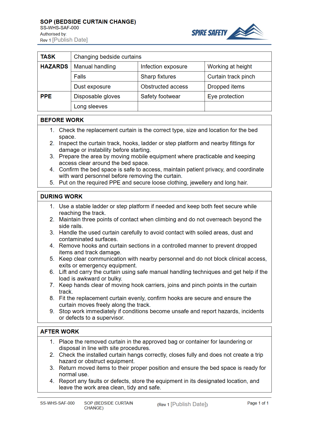 Free Safe Operating Procedure (Bedside Curtain Change) Template — document preview