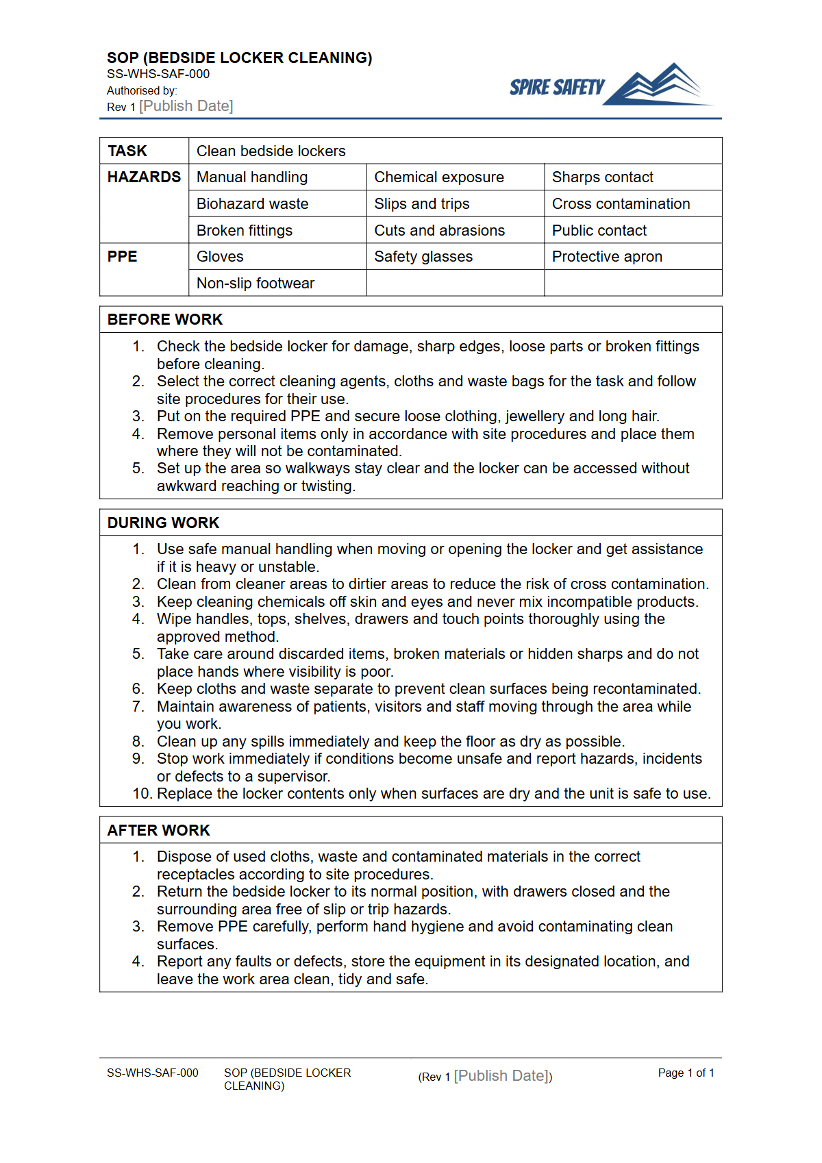 Free Safe Operating Procedure (Bedside Locker Cleaning) Template — document preview