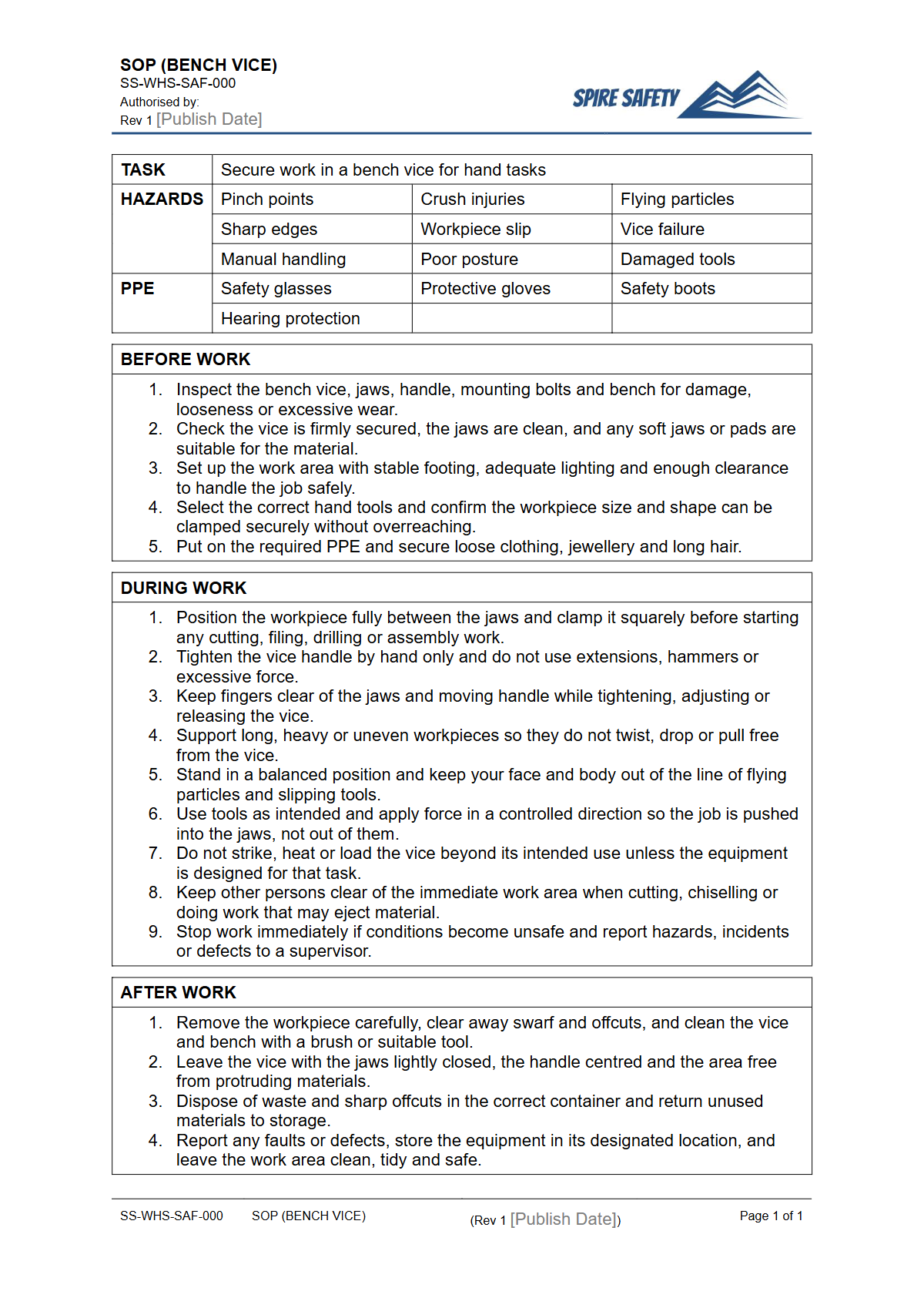 Free Safe Operating Procedure (Bench Vice) Template — document preview