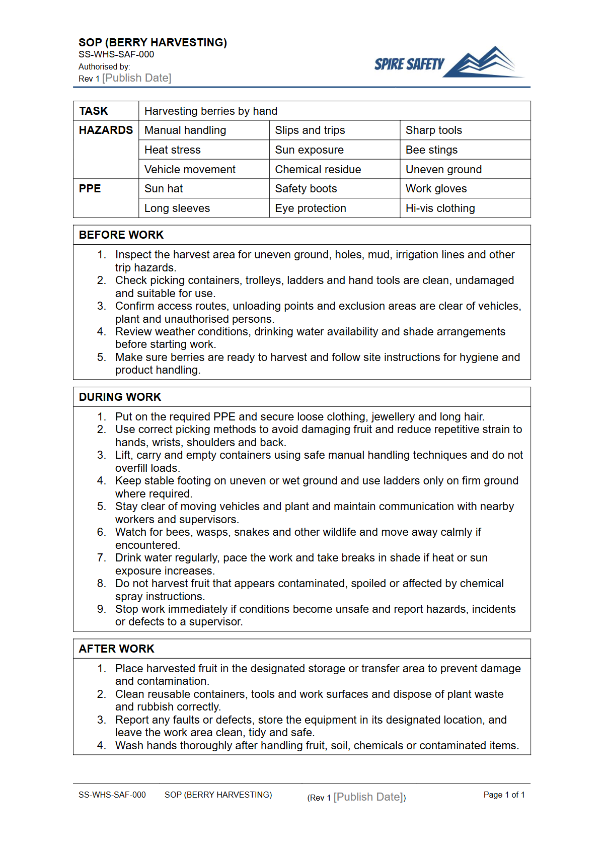Free Safe Operating Procedure (Berry Harvesting) Template — document preview