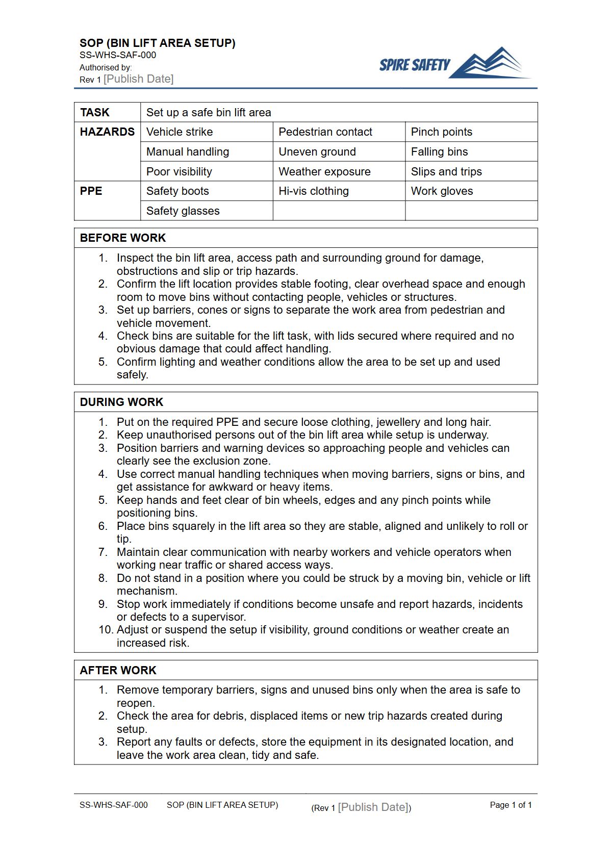 Free Safe Operating Procedure (Bin Lift Area Setup) Template — document preview