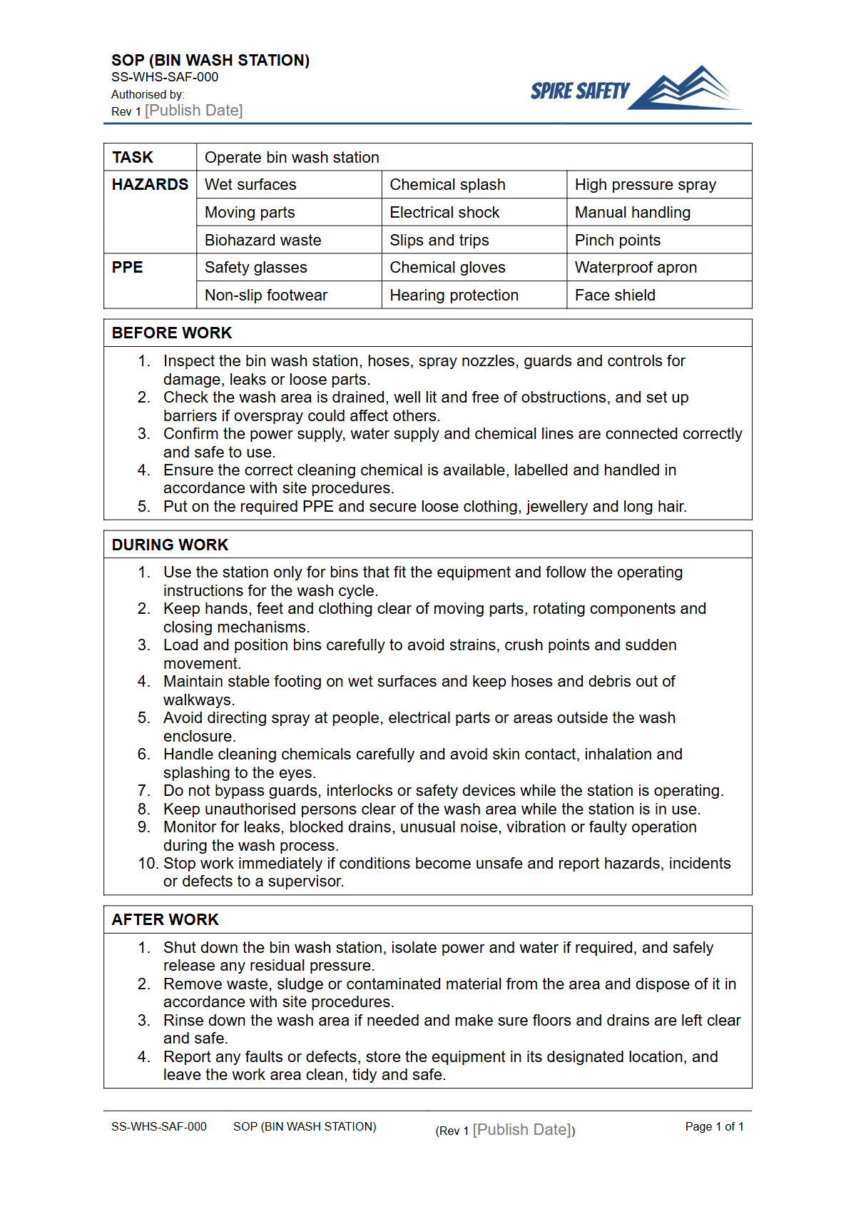 Free Safe Operating Procedure (Bin Wash Station) Template — document preview