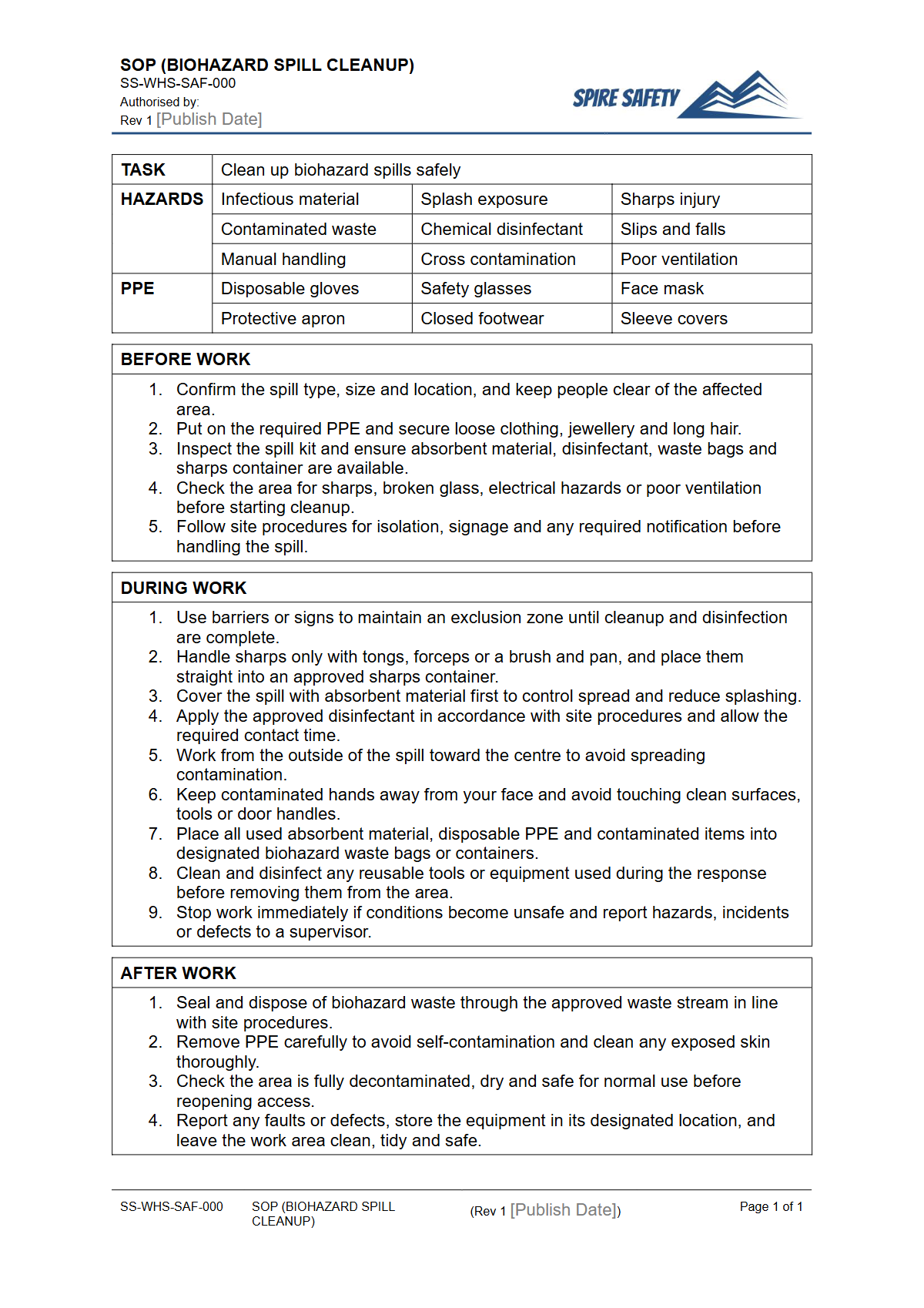 Free Safe Operating Procedure (Biohazard Spill Cleanup) Template — document preview