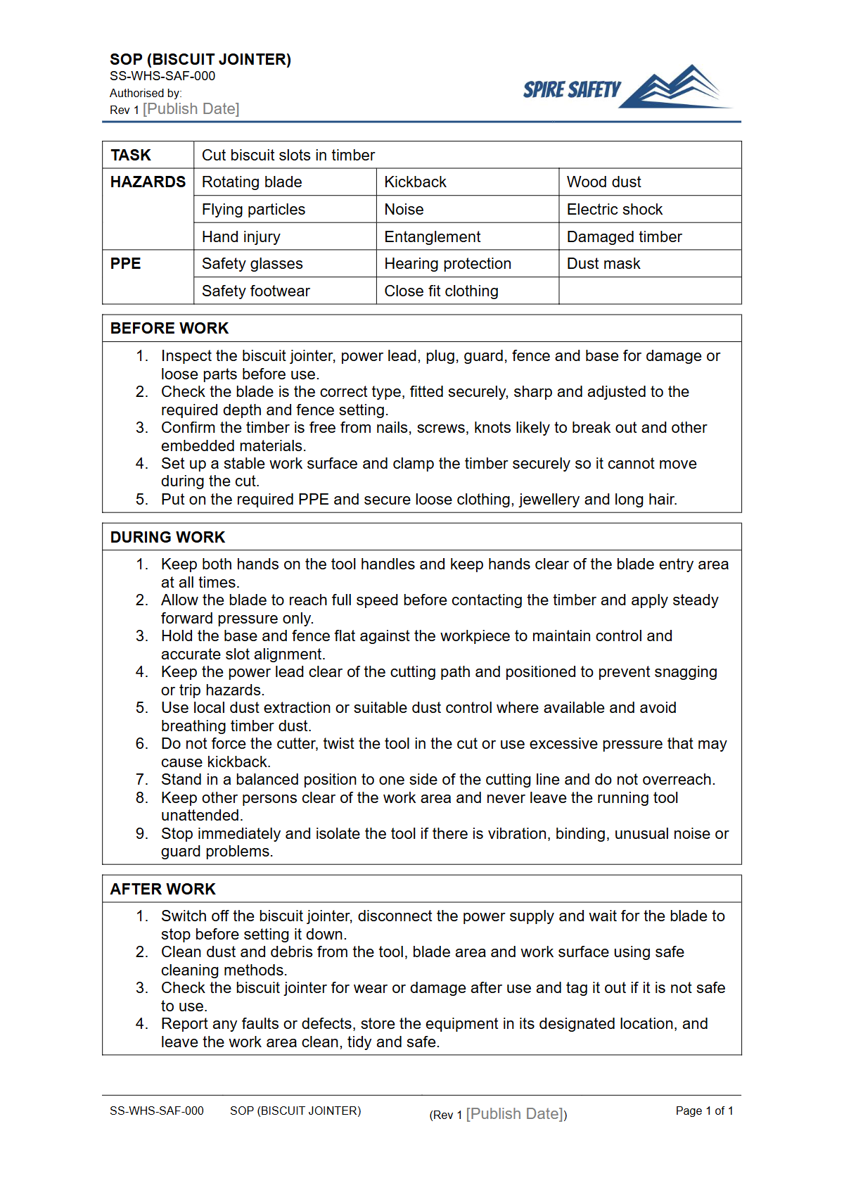 Free Safe Operating Procedure (Biscuit Jointer) Template — document preview