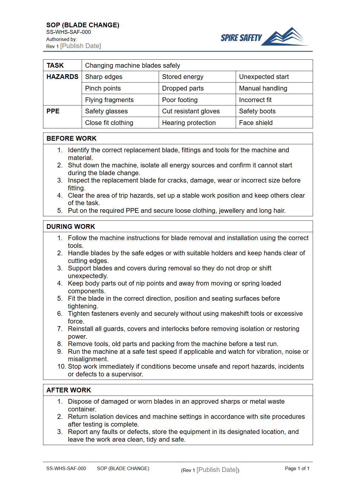 Free Safe Operating Procedure (Blade Change) Template — document preview