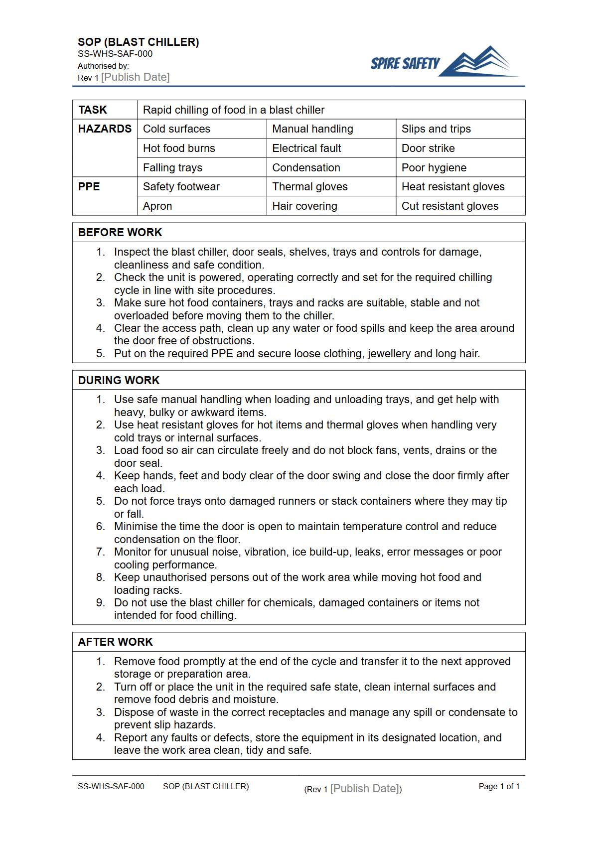 Free Safe Operating Procedure (Blast Chiller) Template — document preview