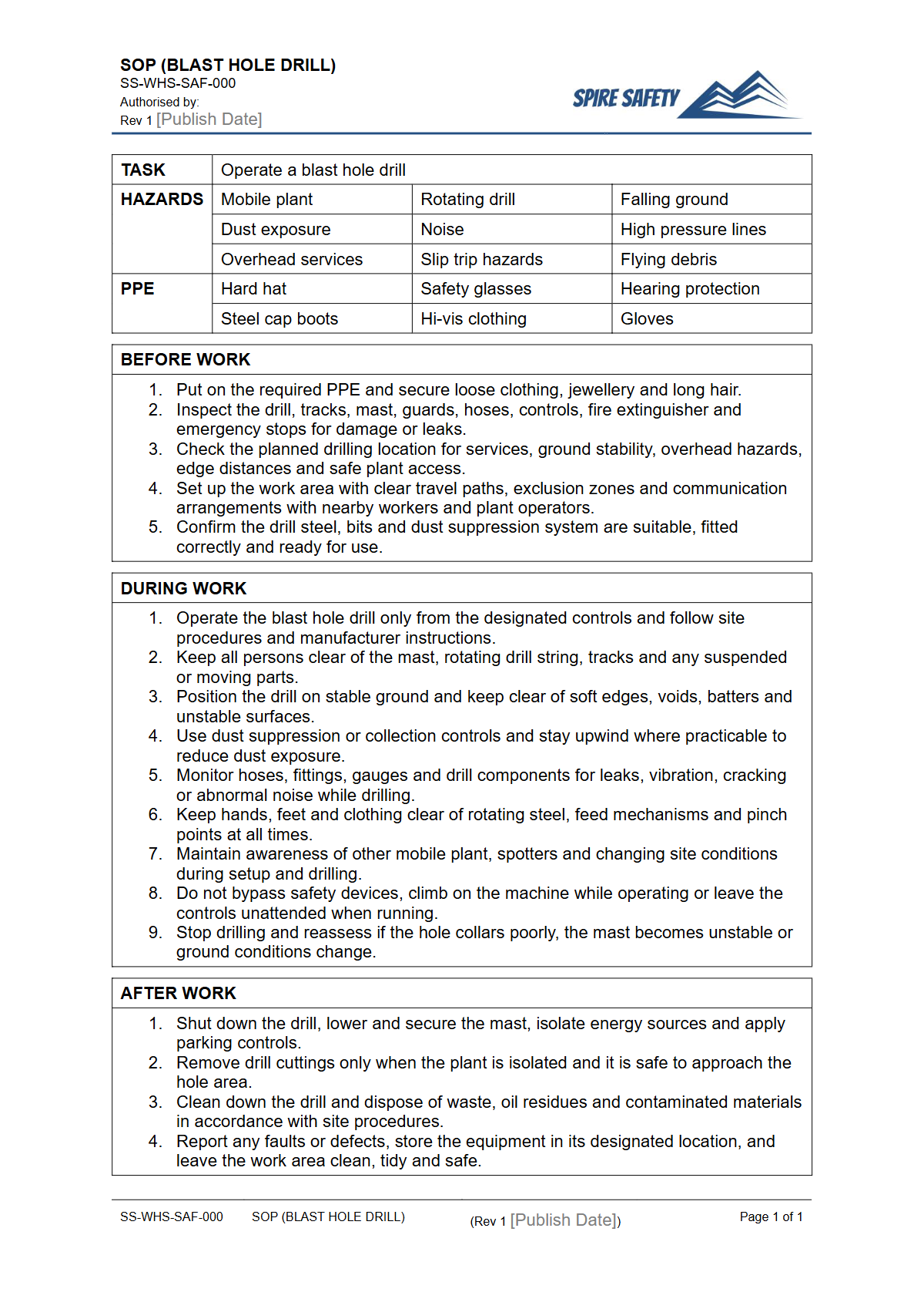 Free Safe Operating Procedure (Blast Hole Drill) Template — document preview