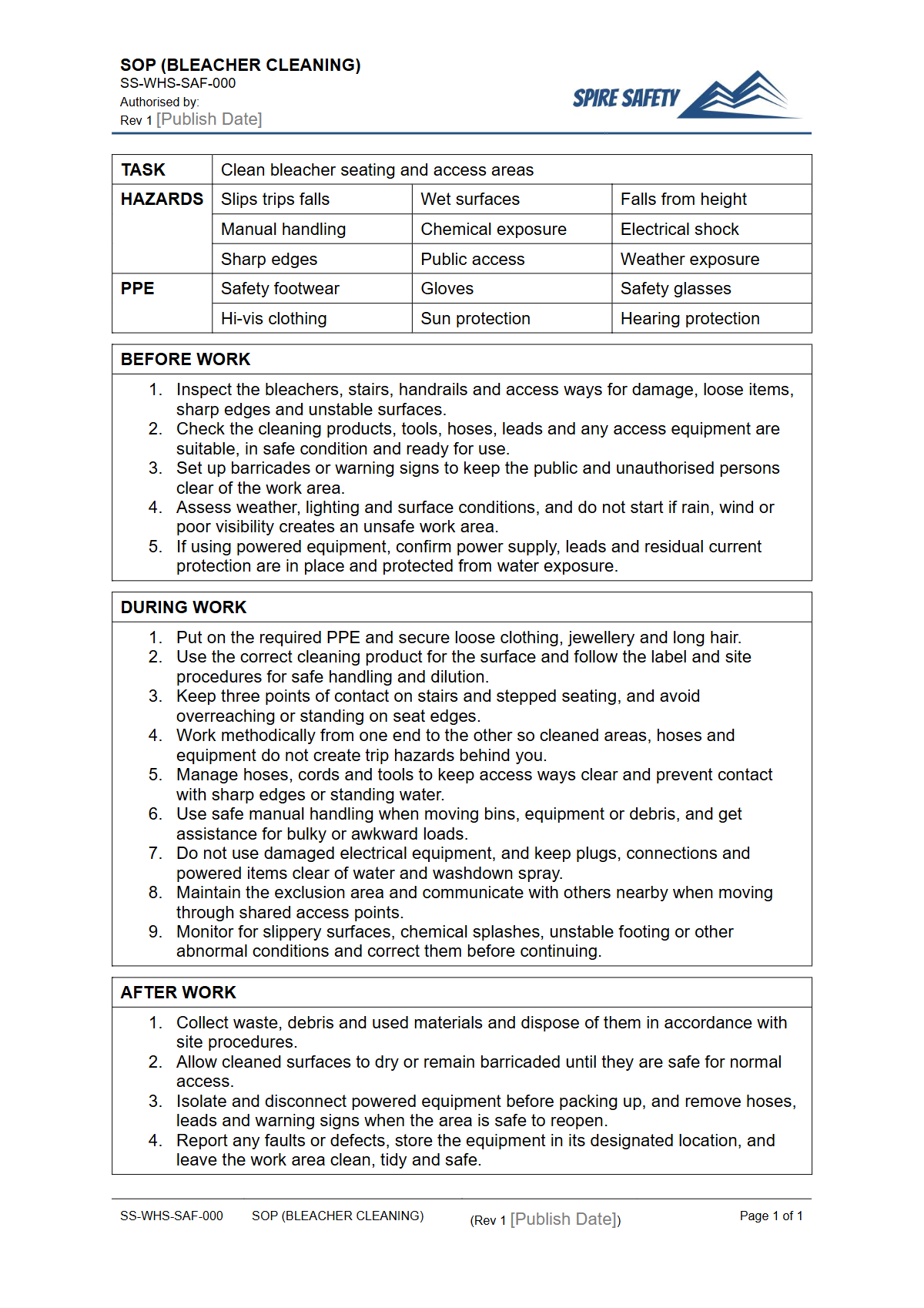 Free Safe Operating Procedure (Bleacher Cleaning) Template — document preview