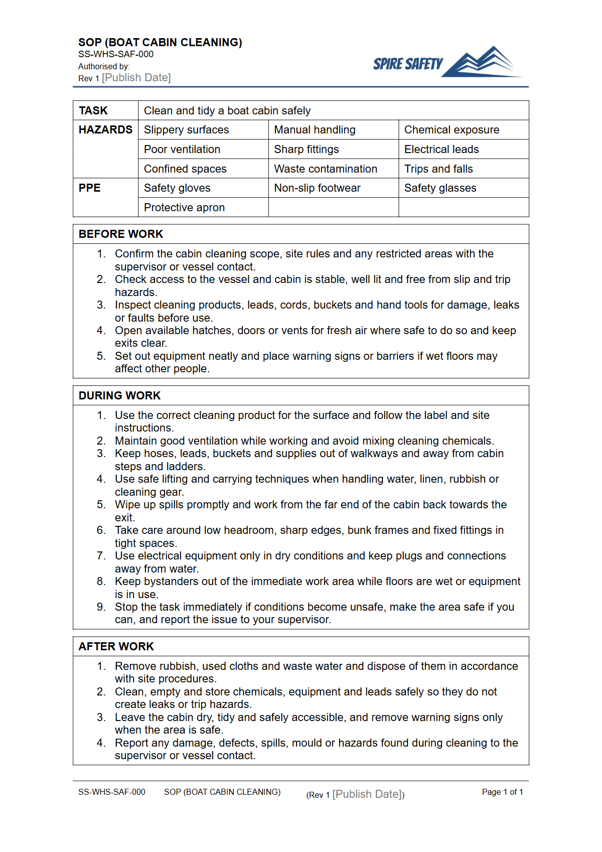 Free Safe Operating Procedure (Boat Cabin Cleaning) Template — document preview