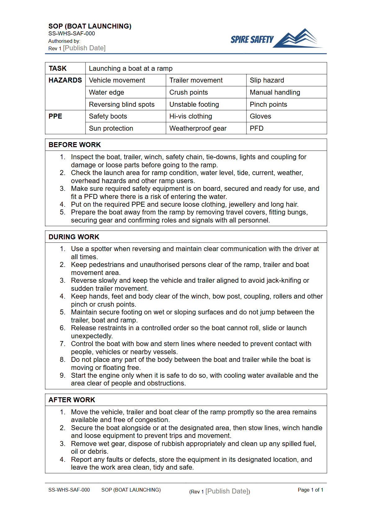 Free Safe Operating Procedure (Boat Launching) Template — document preview