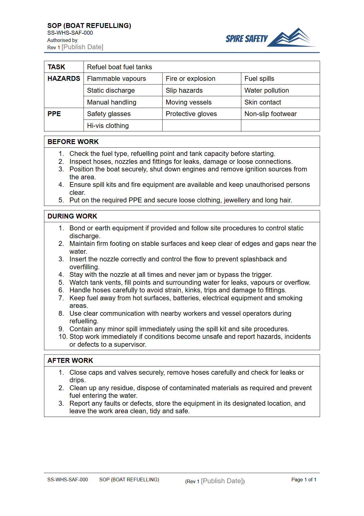 Free Safe Operating Procedure (Boat Refuelling) Template — document preview