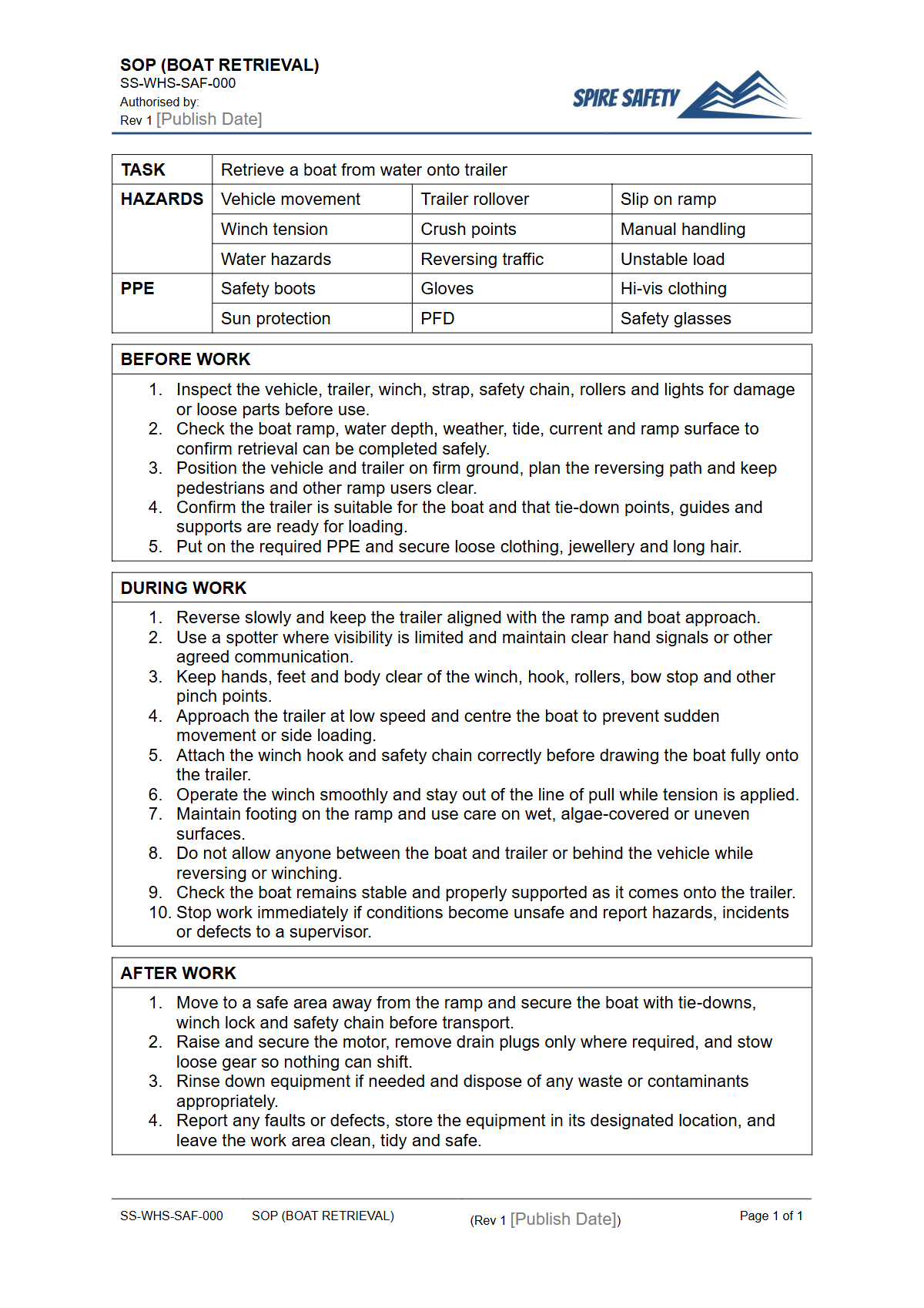 Free Safe Operating Procedure (Boat Retrieval) Template — document preview