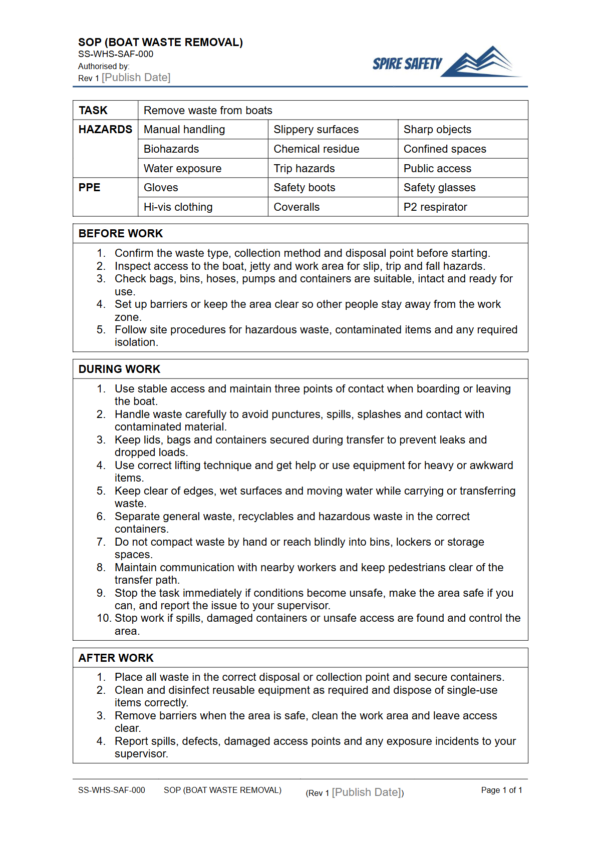 Free Safe Operating Procedure (Boat Waste Removal) Template — document preview