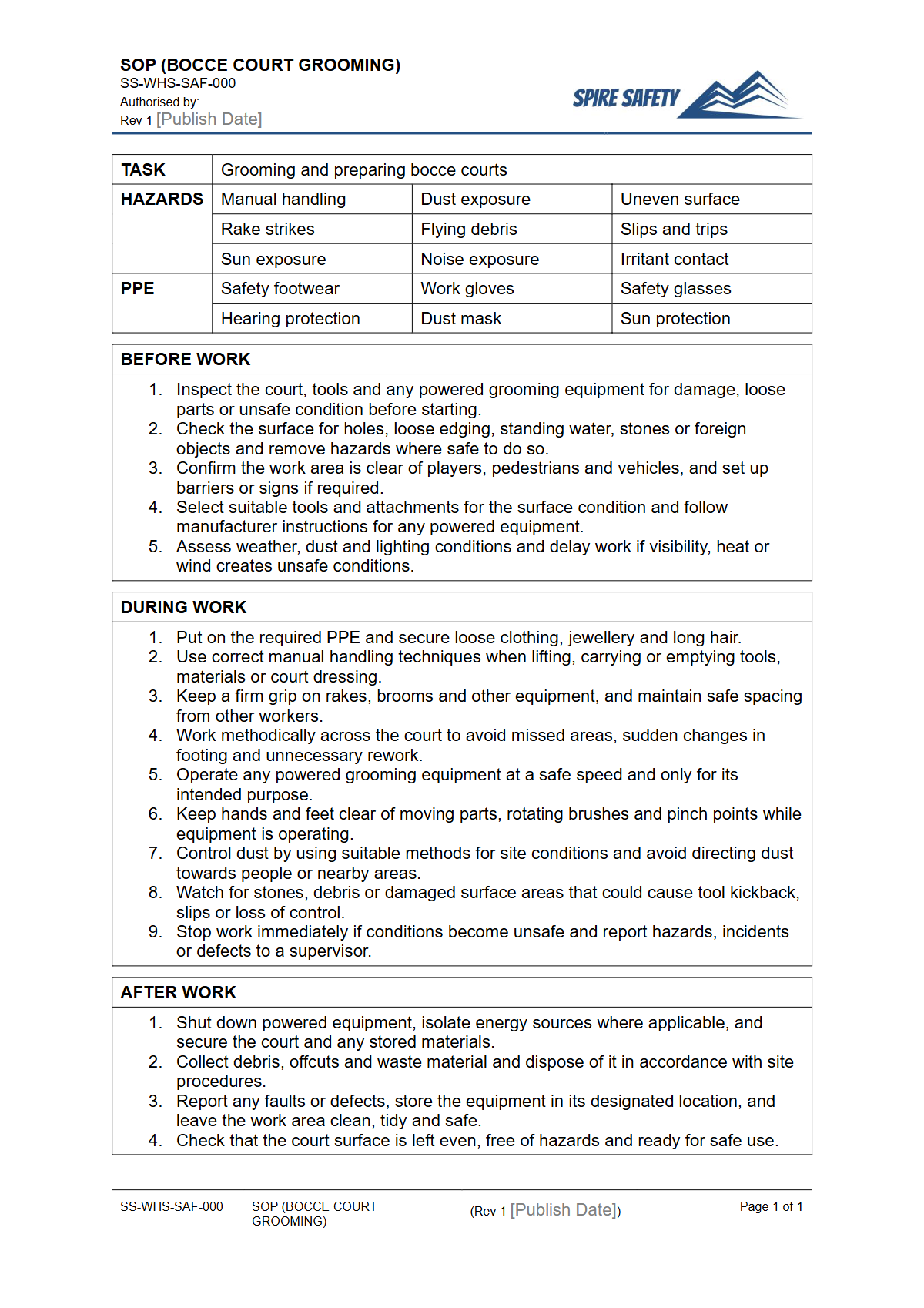 Free Safe Operating Procedure (Bocce Court Grooming) Template — document preview