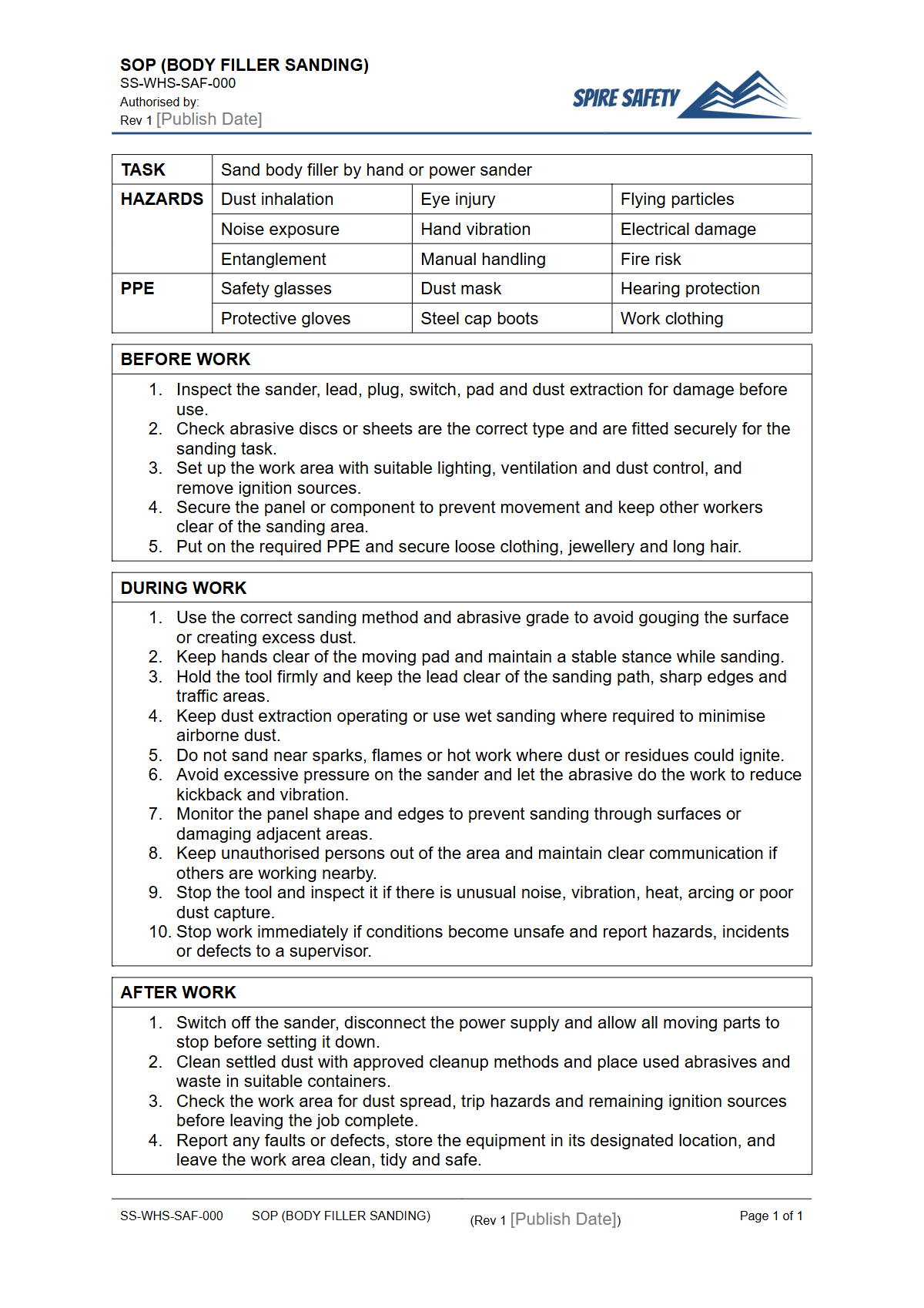 Free Safe Operating Procedure (Body Filler Sanding) Template — document preview