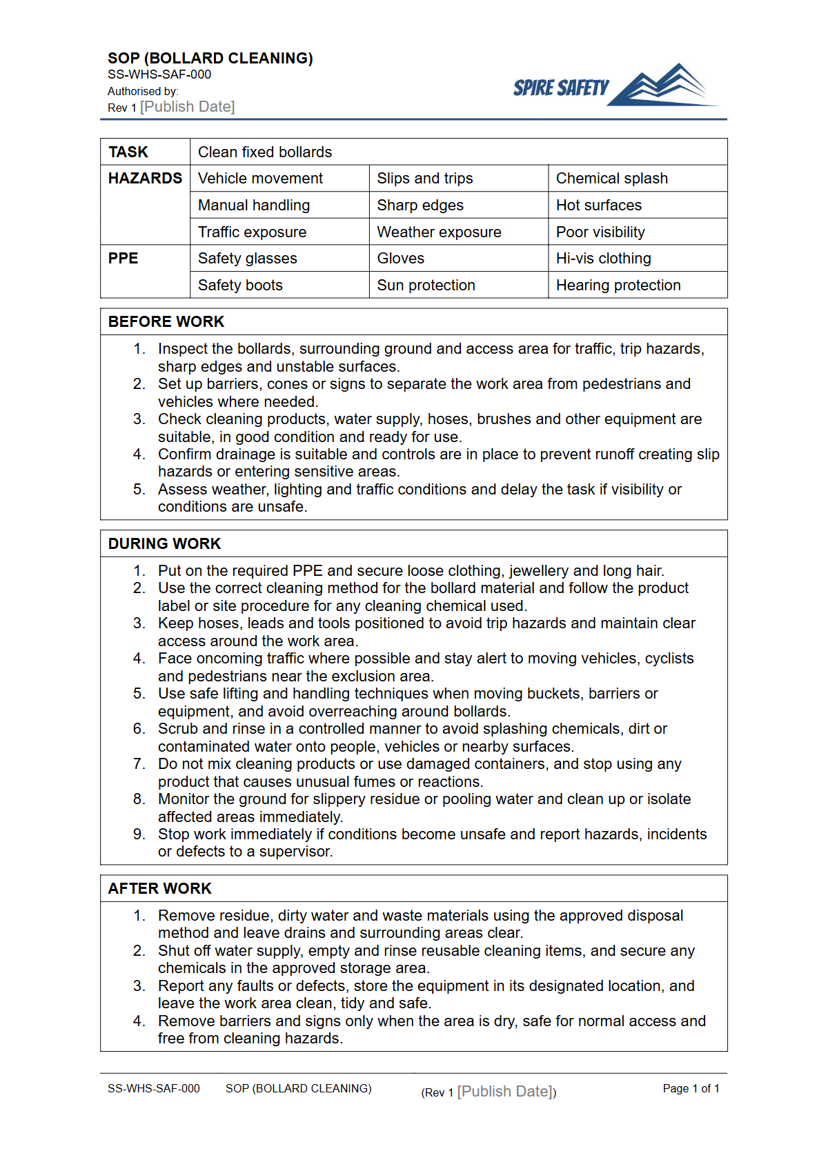 Free Safe Operating Procedure (Bollard Cleaning) Template — document preview