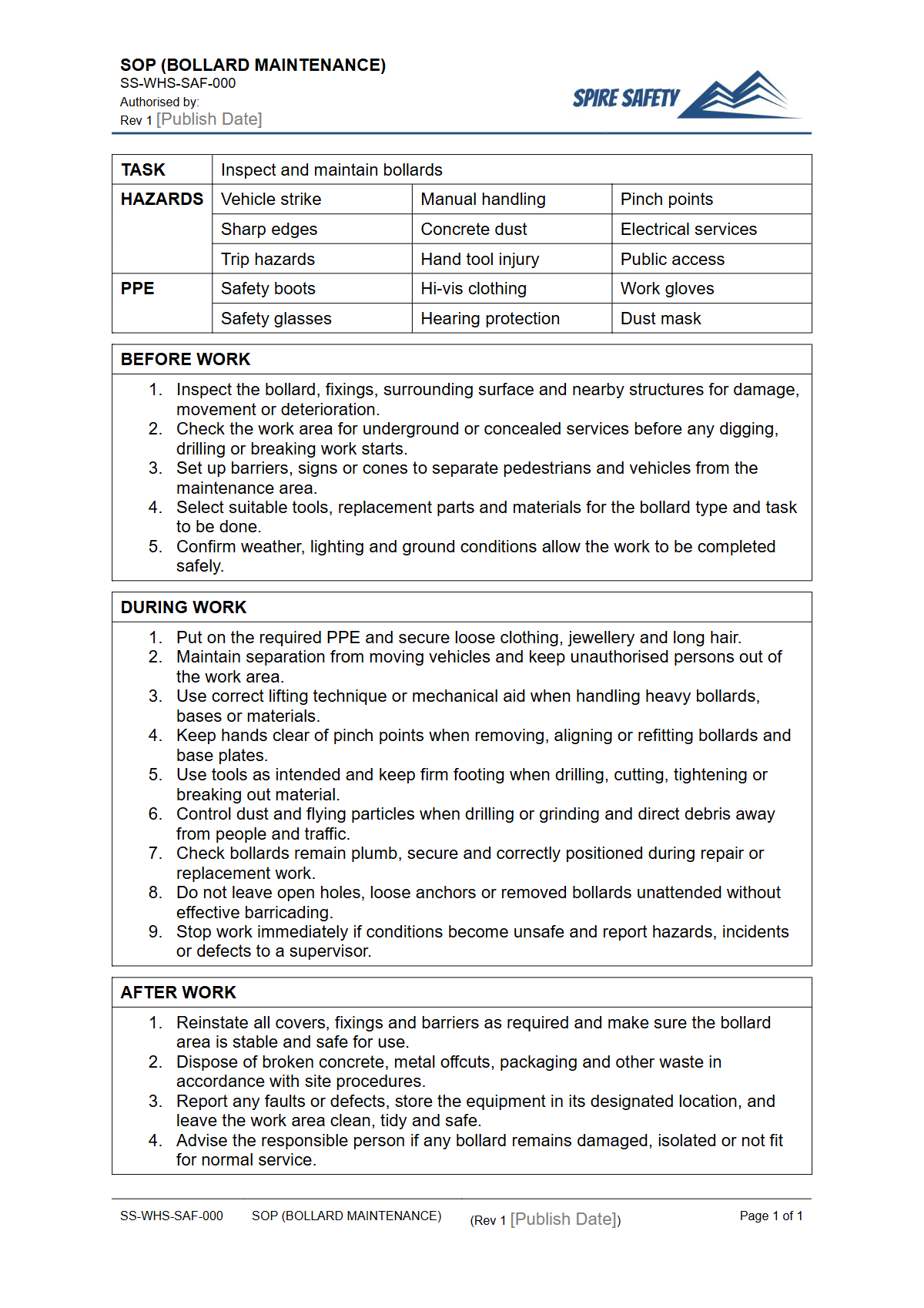 Free Safe Operating Procedure (Bollard Maintenance) Template — document preview