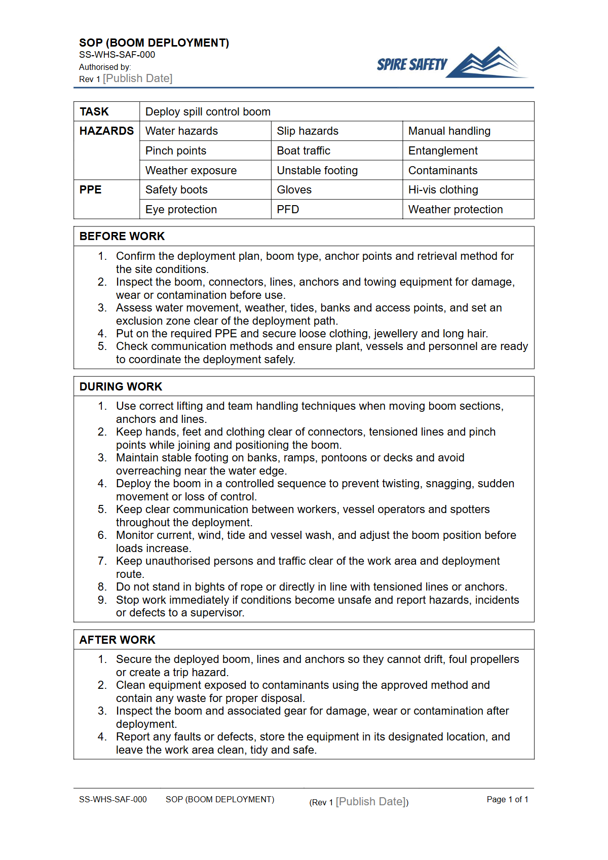 Free Safe Operating Procedure (Boom Deployment) Template — document preview