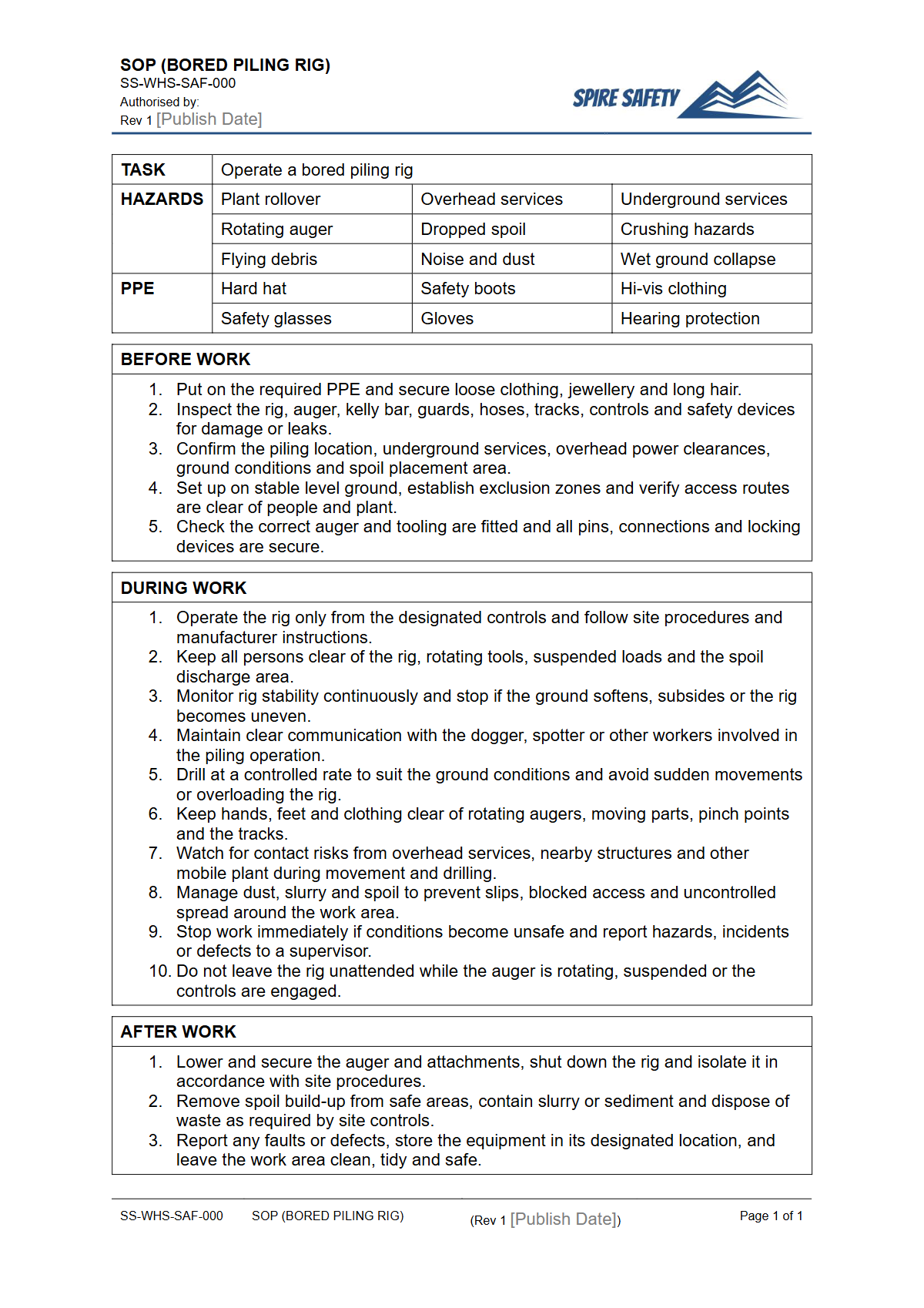 Free Safe Operating Procedure (Bored Piling Rig) Template — document preview