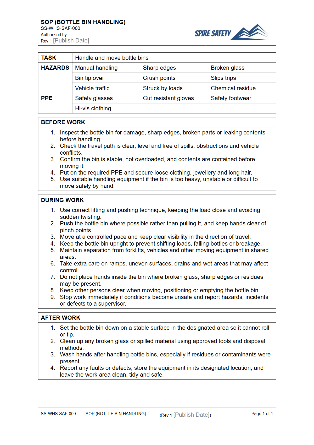 Free Safe Operating Procedure (Bottle Bin Handling) Template — document preview