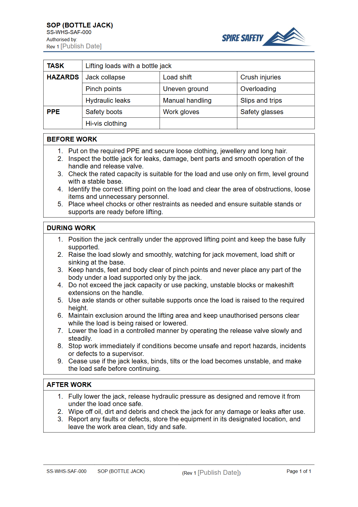 Free Safe Operating Procedure (Bottle Jack) Template — document preview