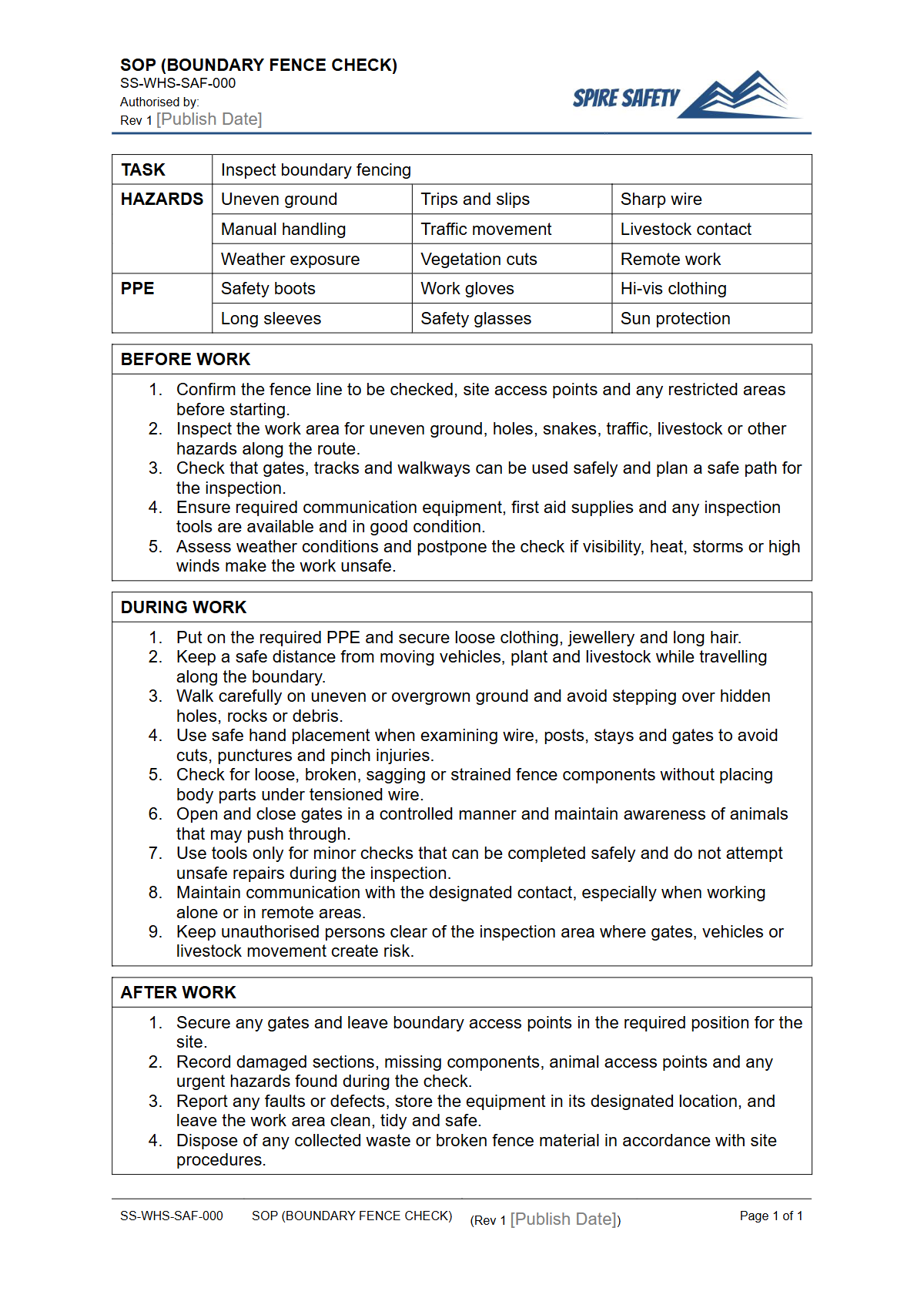 Free Safe Operating Procedure (Boundary Fence Check) Template — document preview
