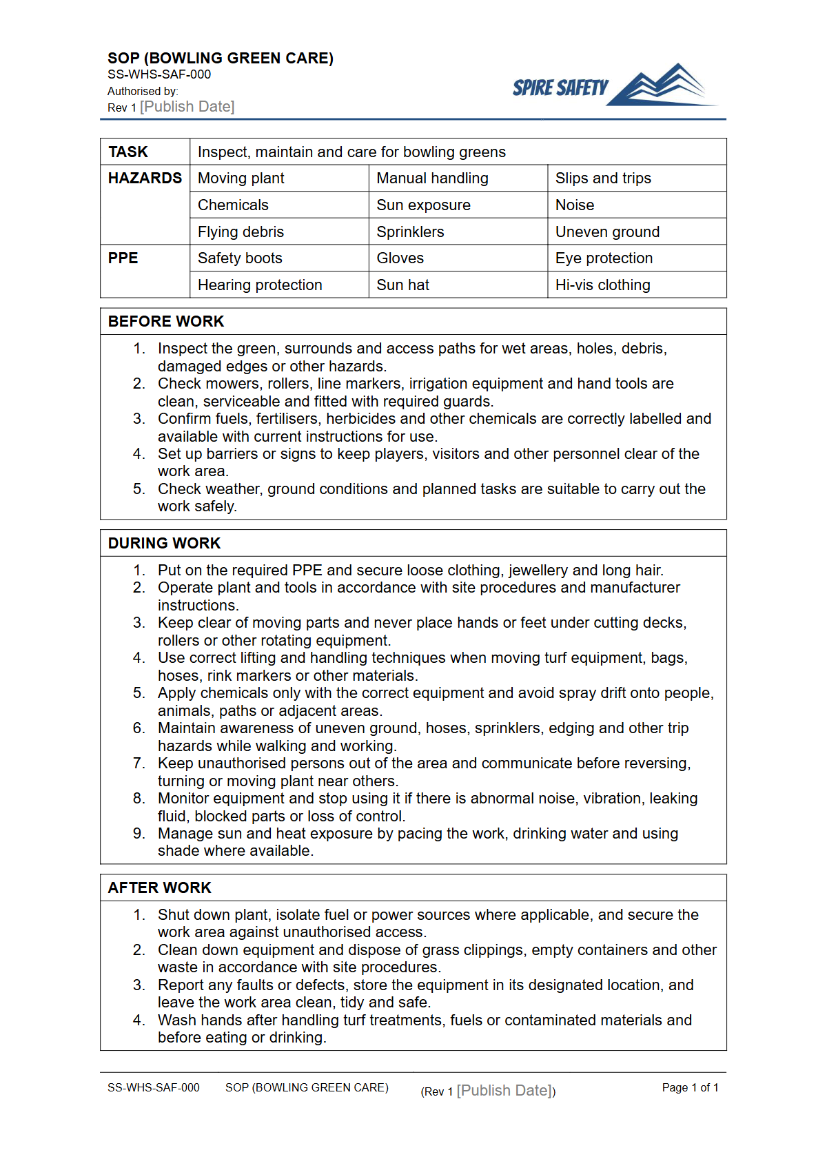 Free Safe Operating Procedure (Bowling Green Care) Template — document preview
