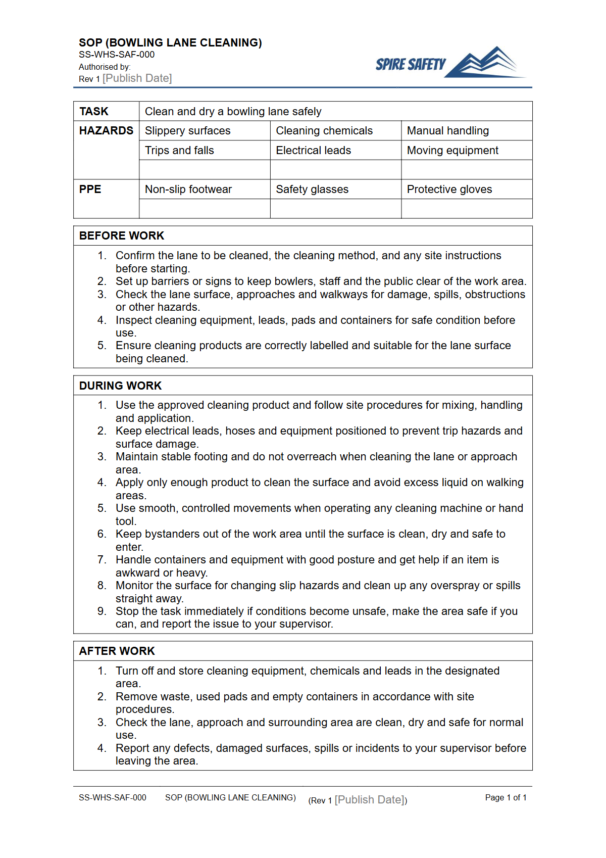 Free Safe Operating Procedure (Bowling Lane Cleaning) Template — document preview